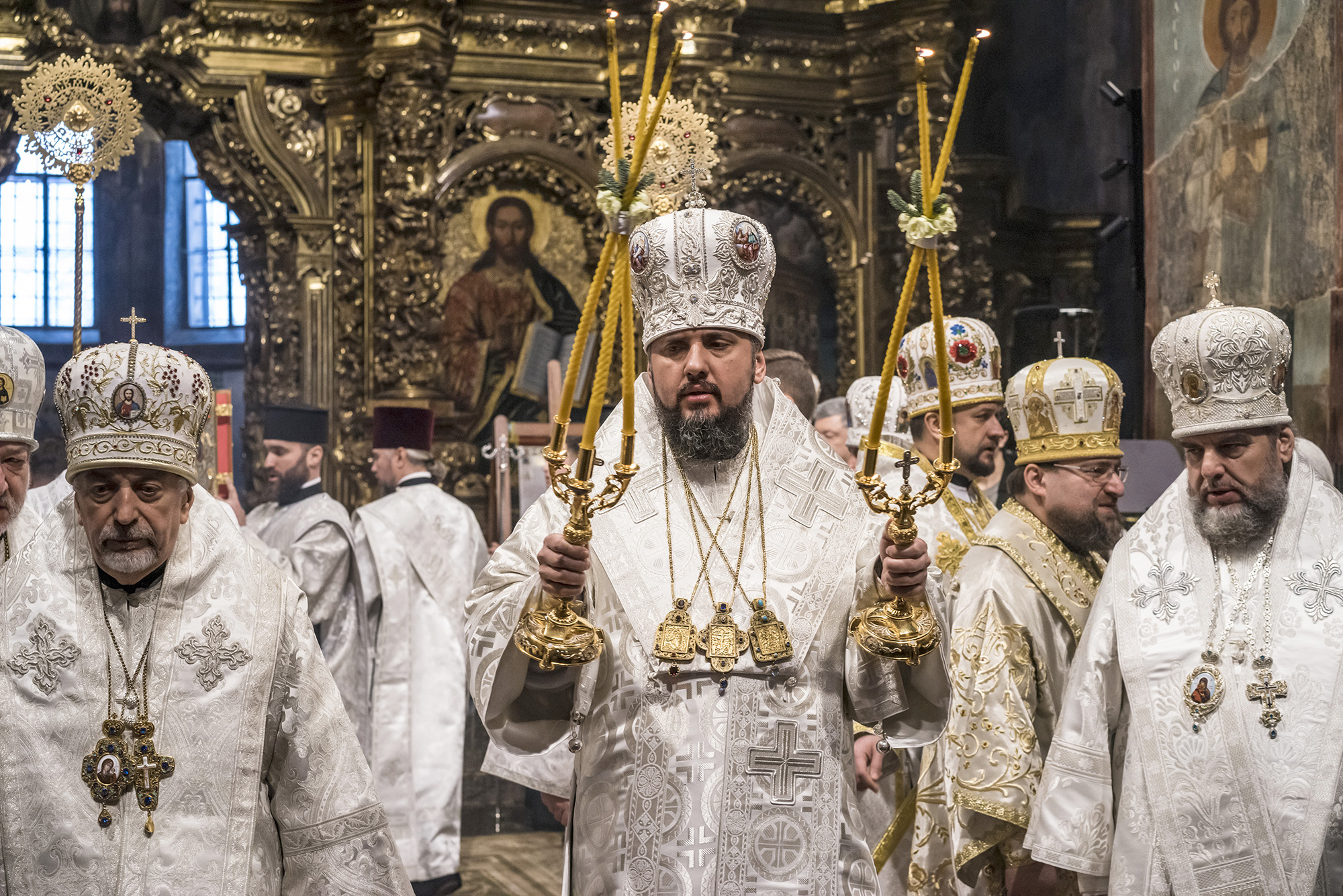 His Beatitude Epiphanius, Metropolitan of Kyiv and all Ukraine, center, participates in Christmas Liturgy at St. Sophia's Cathedral on January 7, 2019 in Kyiv, Ukraine.