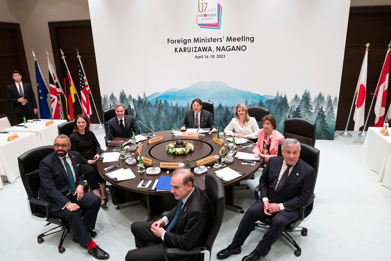 This picture shows the start of the fifth working session of a G7 Foreign Ministers' Meeting in Karuizawa, Japan on Tuesday, April 18.