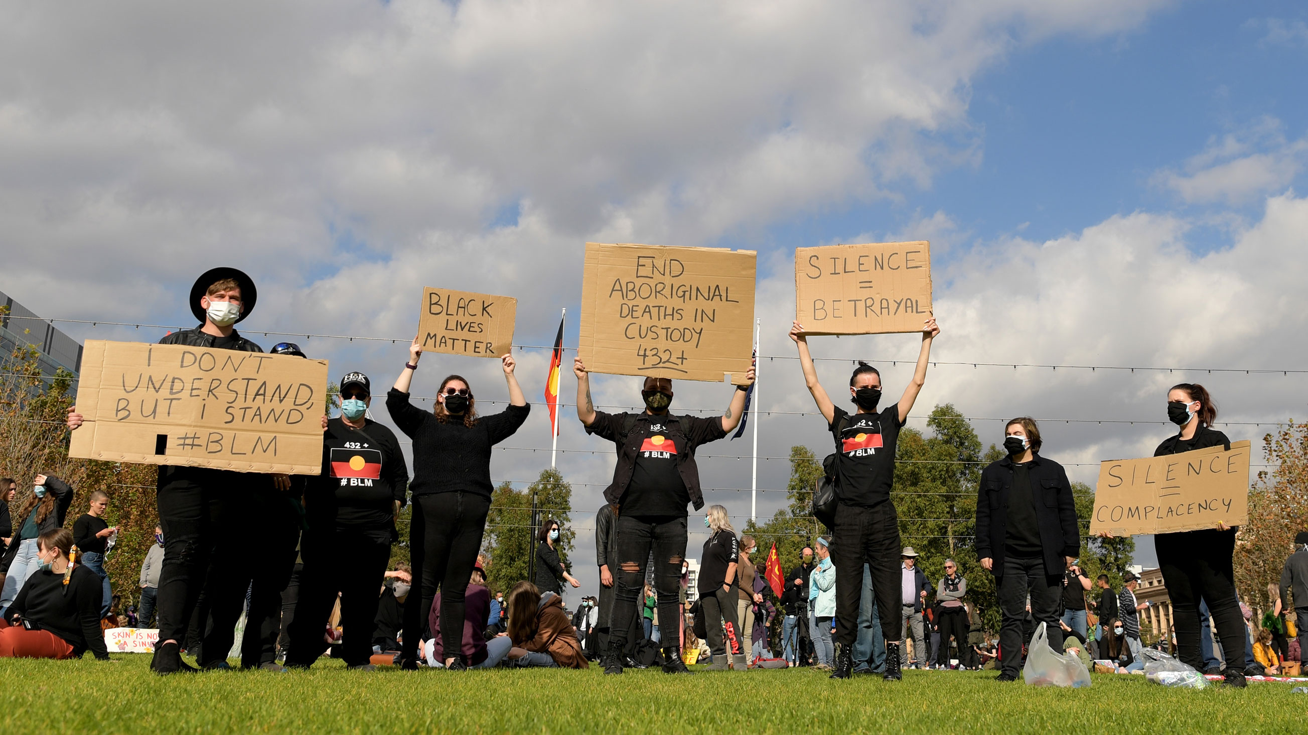 Protesters gather to show solidarity with Black Lives Matter protests in the United States on June 6 in Adelaide, Australia. 