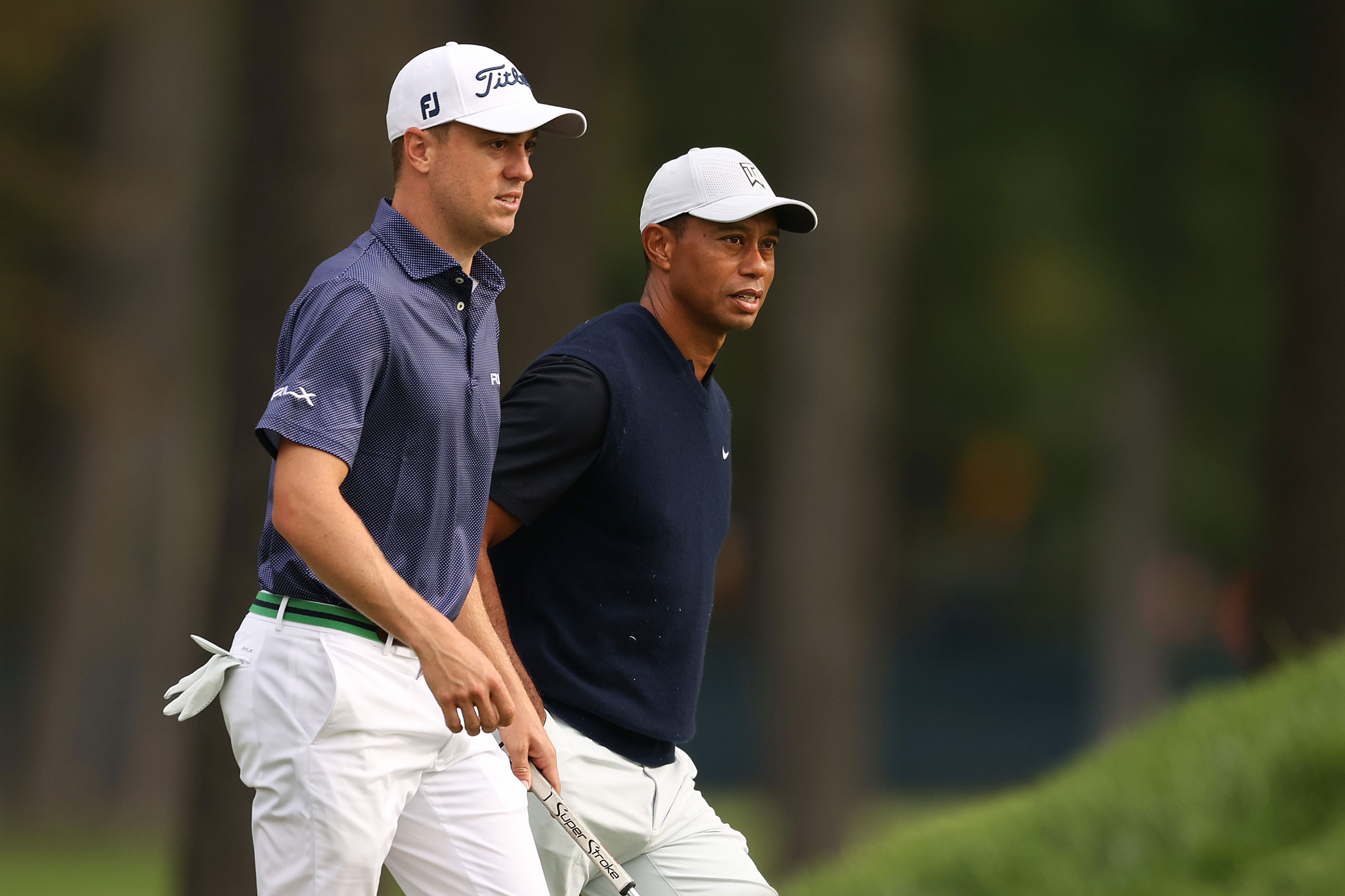 Justin Thomas and Tiger Woods walk together during the U.S. Open on September 17 in Mamaroneck, New York.