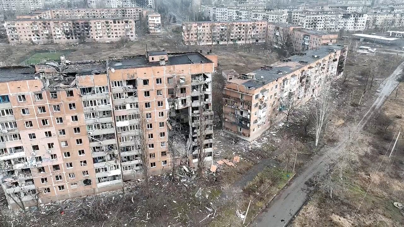 Damaged buildings are seen in Vuhledar, Ukraine, on Friday, January 27. 