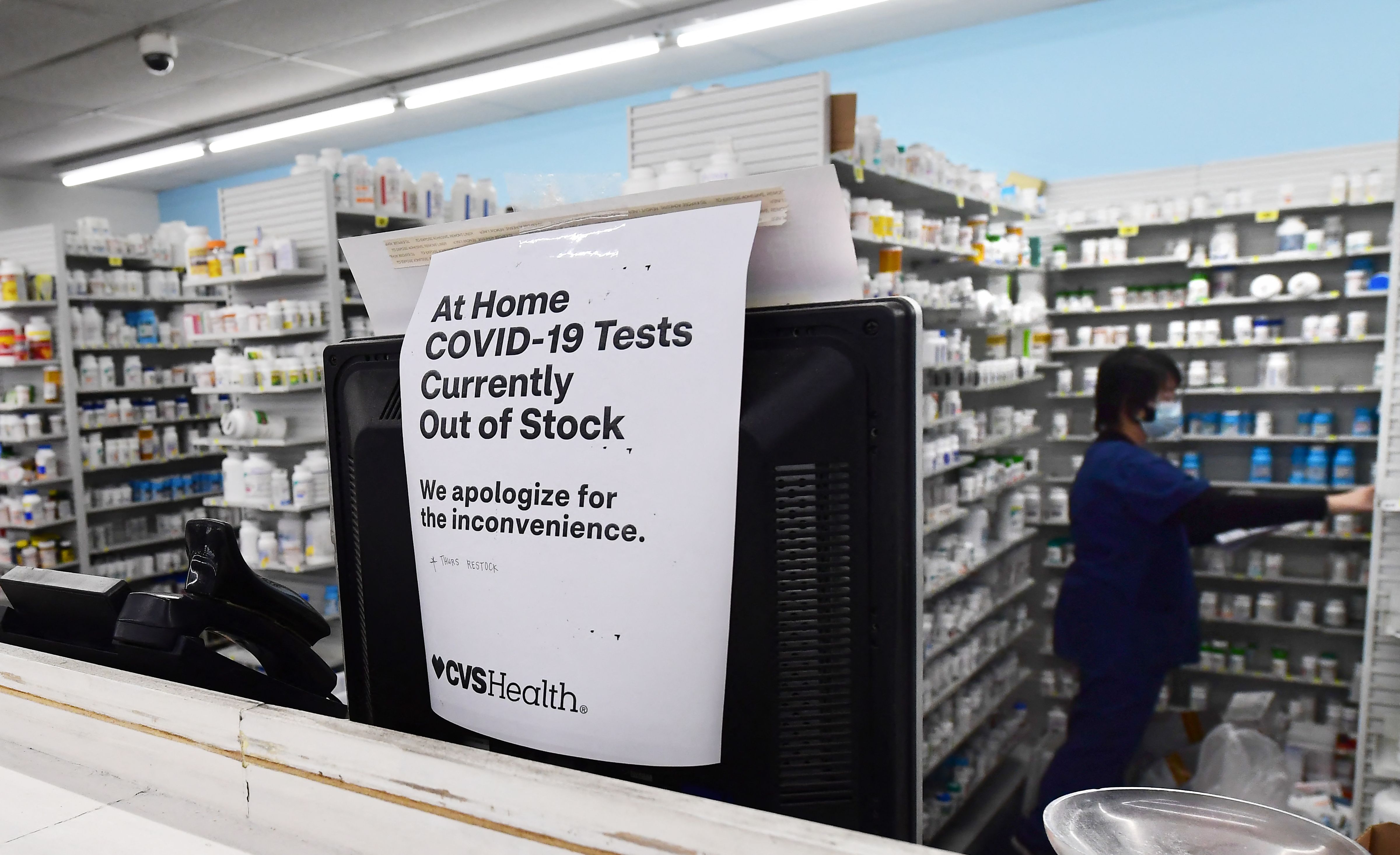 A sign shows shortage of Covid-19 home tests at a CVS pharmacy in Monterey Park, California in this file photo dated January 14, 2022 in Monterey Park, California. 
