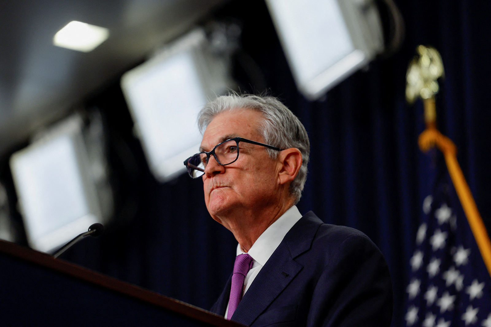 US Federal Reserve Chairman Jerome Powell takes questions from reporters during a press conference after the release of the Fed policy decision to leave interest rates unchanged, at the Federal Reserve in Washington, DC, on September 20, 2023.