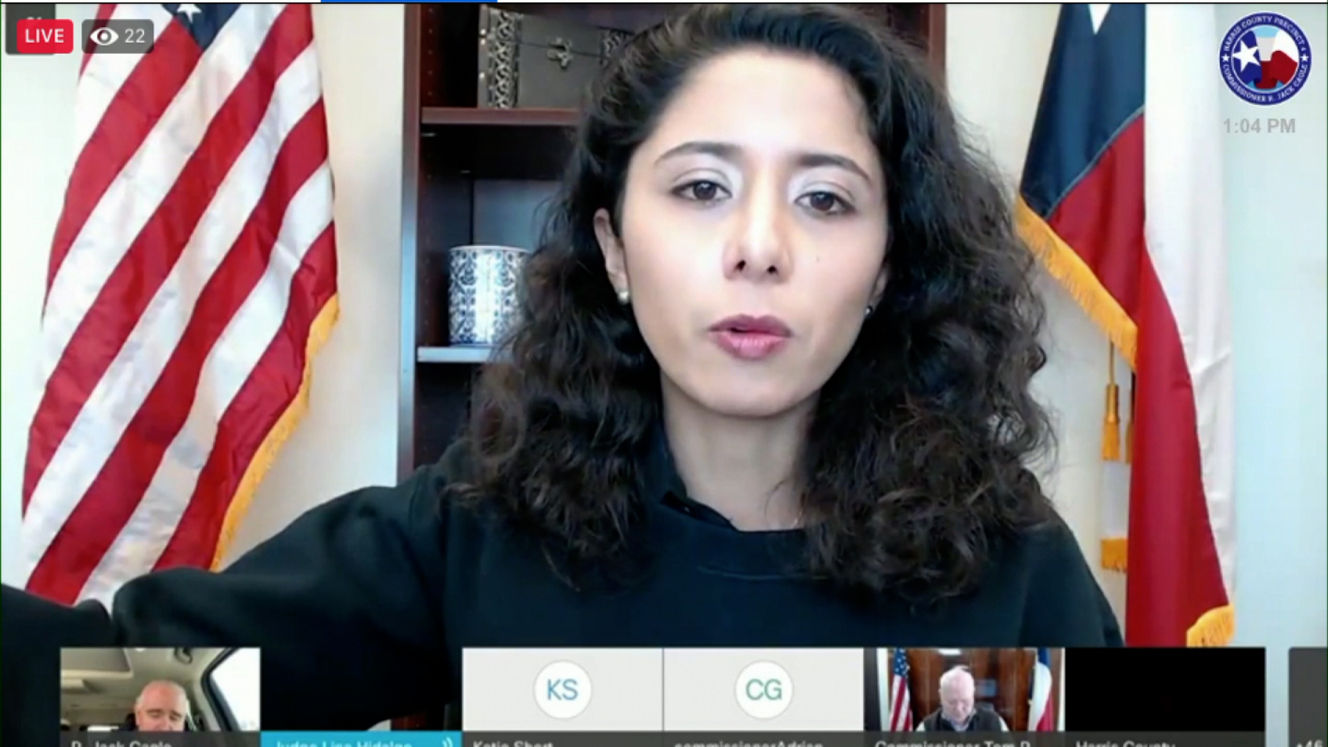 Harris County Judge Lina Hidalgo speaks during a virtual call with other county officials on February 19.