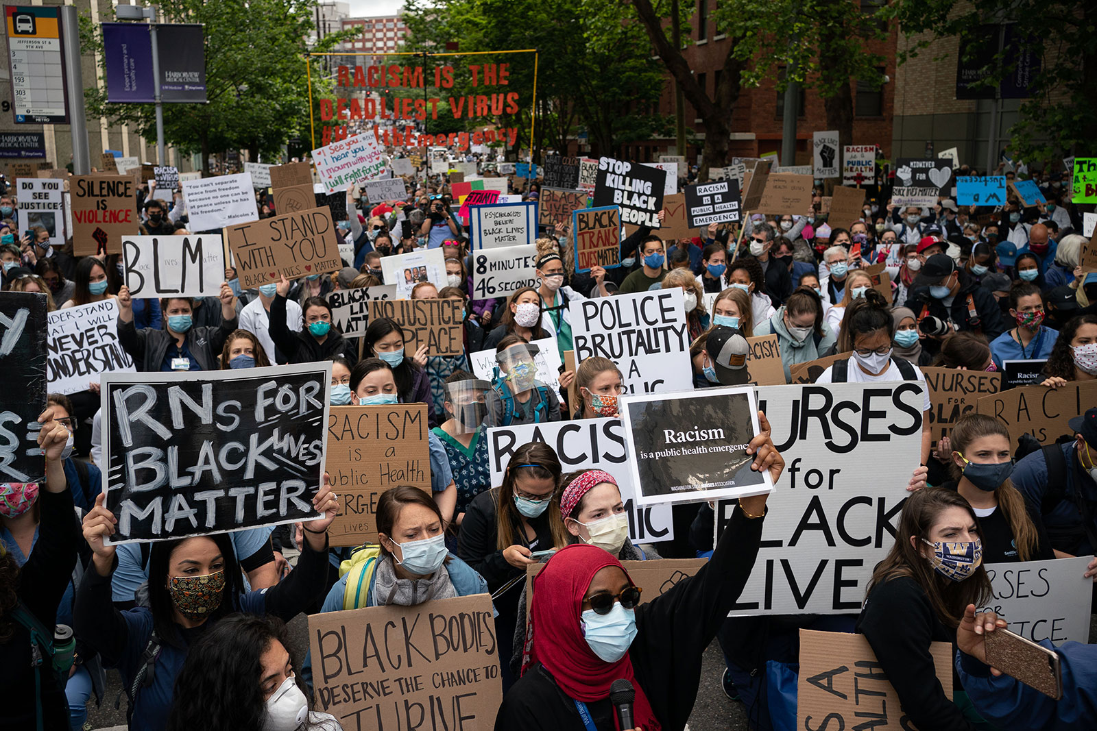 People march during a protest in Seattle on June 6.