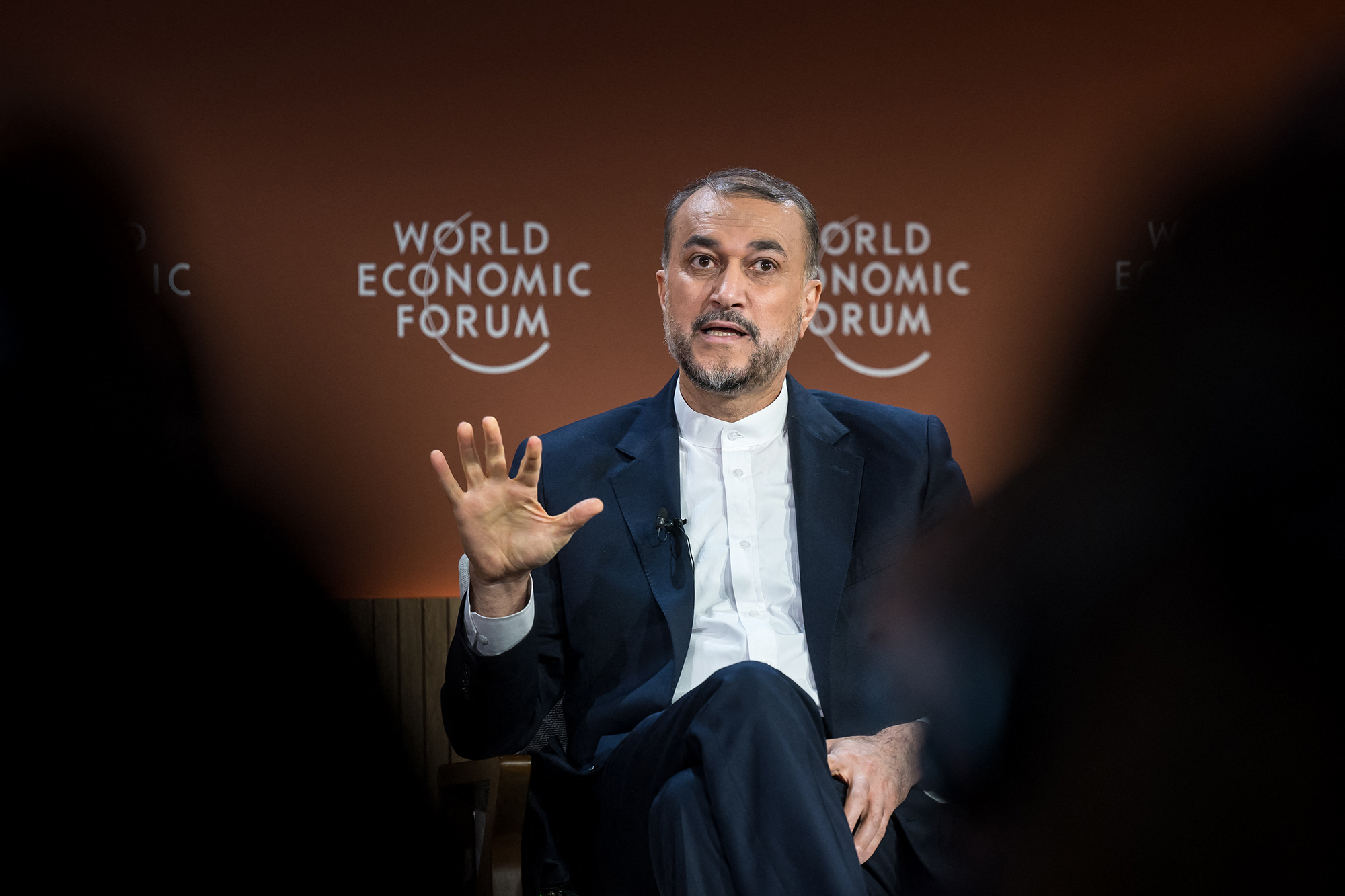 Iranian Foreign Minister Hossein Amir-Abdollahian gestures during a session at the World Economic Forum (WEF) meeting in Davos, Switzerland, on January 17.