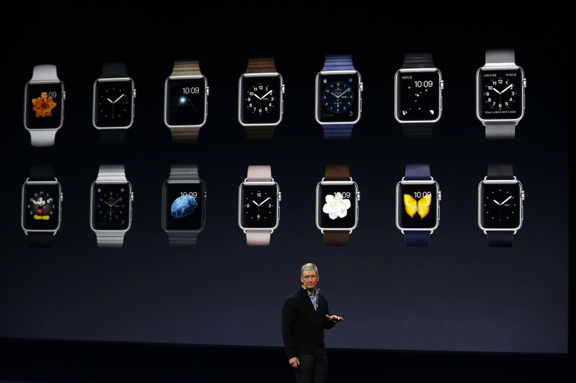 Apple CEO Tim Cook debuting the Apple Watch collection during an Apple special event at the Yerba Buena Center for the Arts on March 9, 2015 in San Francisco.