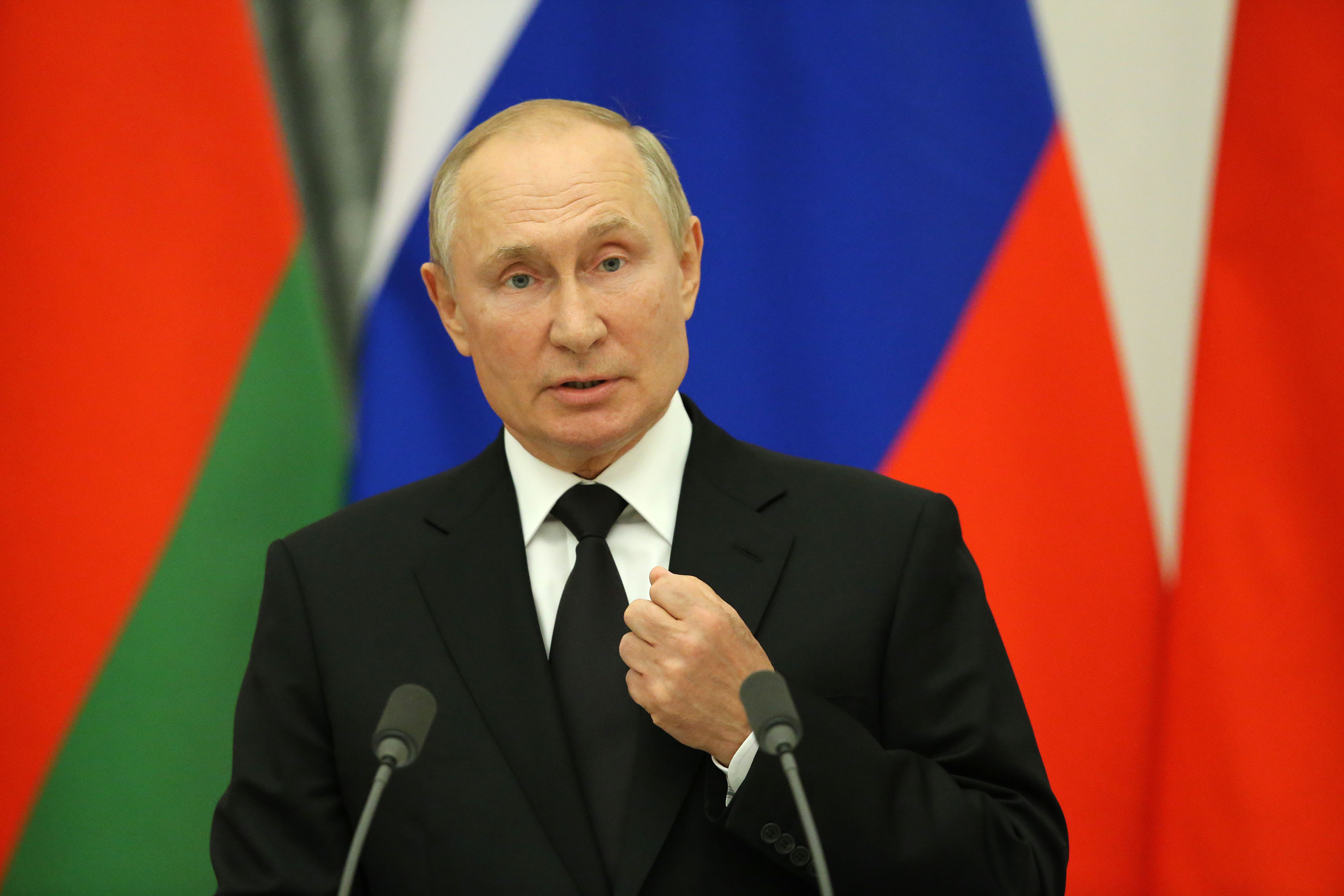 Russian President Vladimir Putin speaks during a press conference on September 9, 2021, in Moscow. 