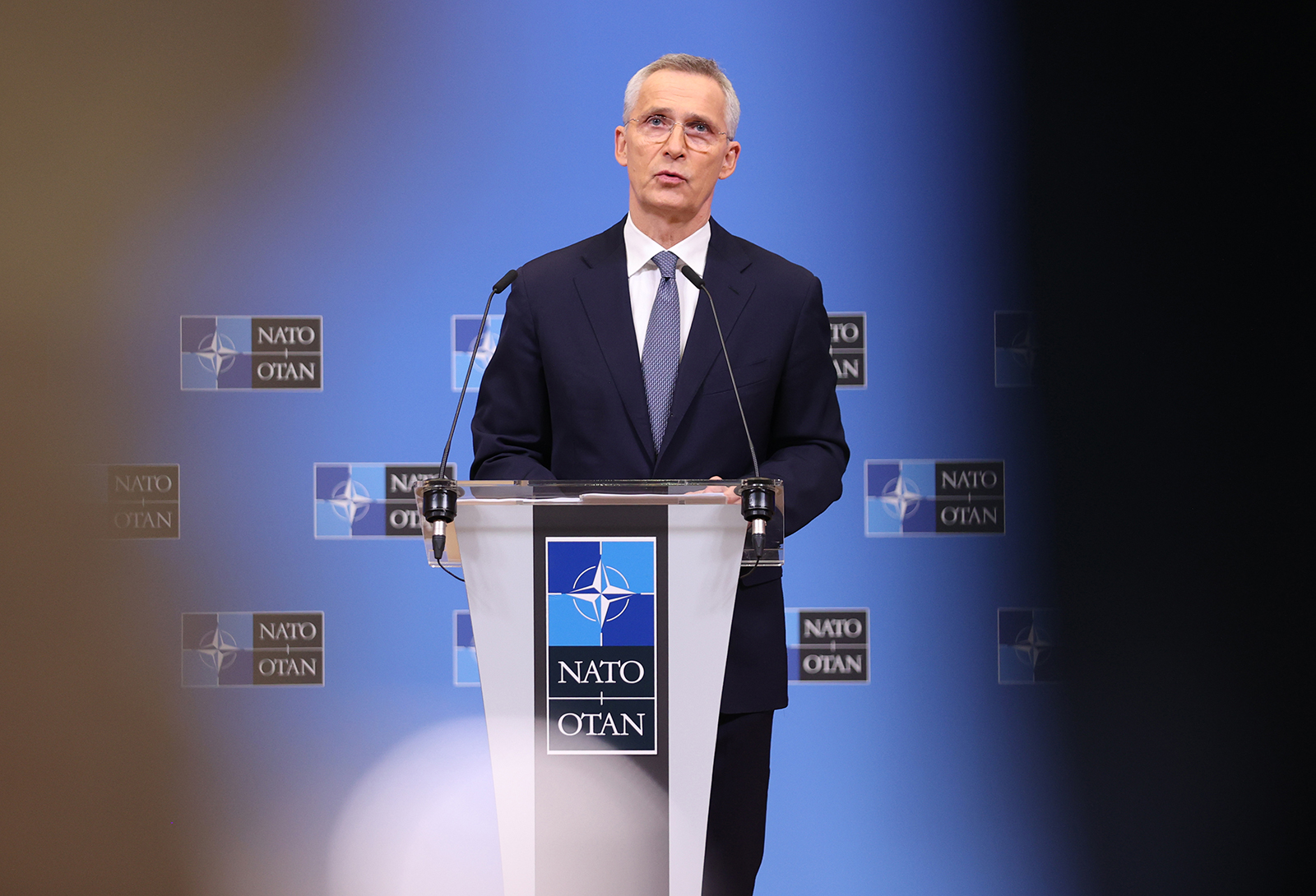 Jens Stoltenberg holds a press conference on April 3.