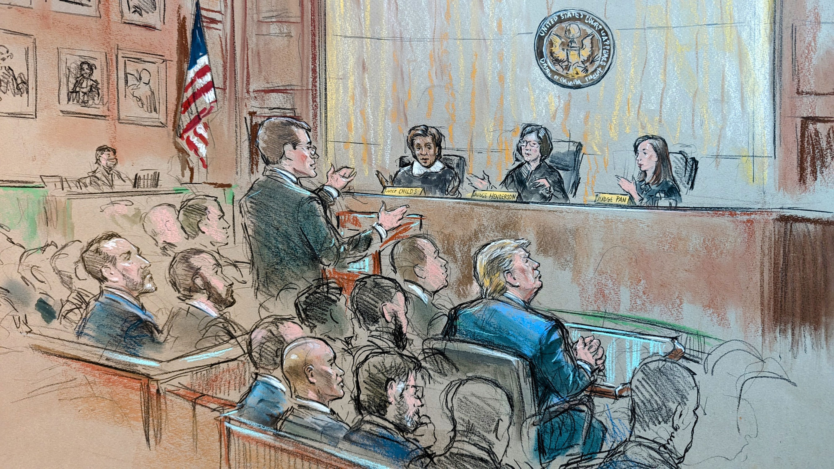These sketches from court depict former President Donald Trump, seated right, listening as his attorney John Sauer, standing, speaks before the DC Circuit Court of Appeals at the federal courthouse on Tuesday, January 9, in Washington, DC. 