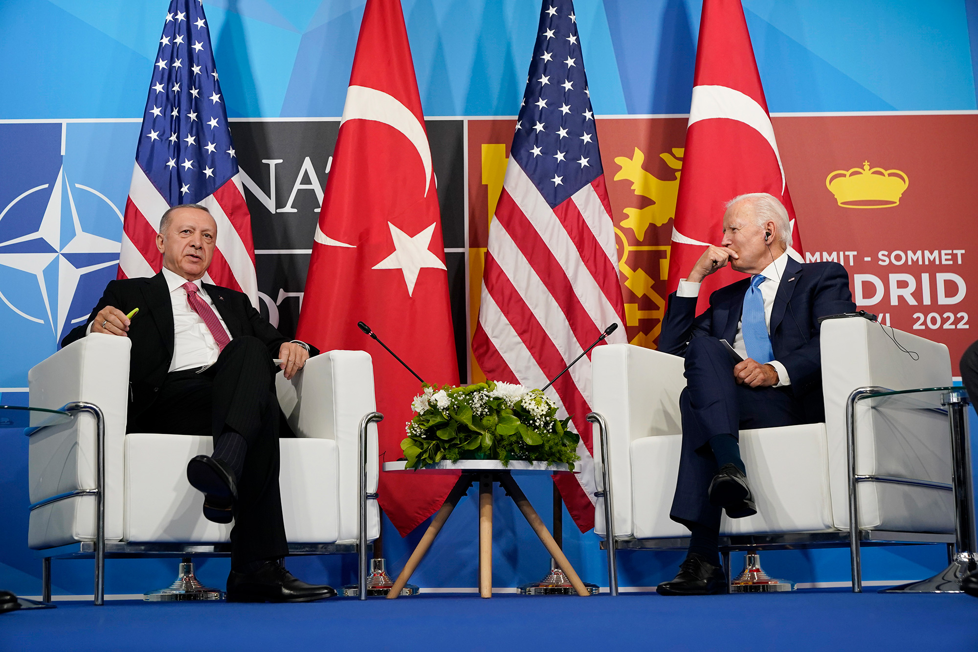 President Joe Biden, right, meets with Turkey's President Recep Tayyip Erdogan during the NATO summit in Madrid, Spain, on Wednesday, June 29.