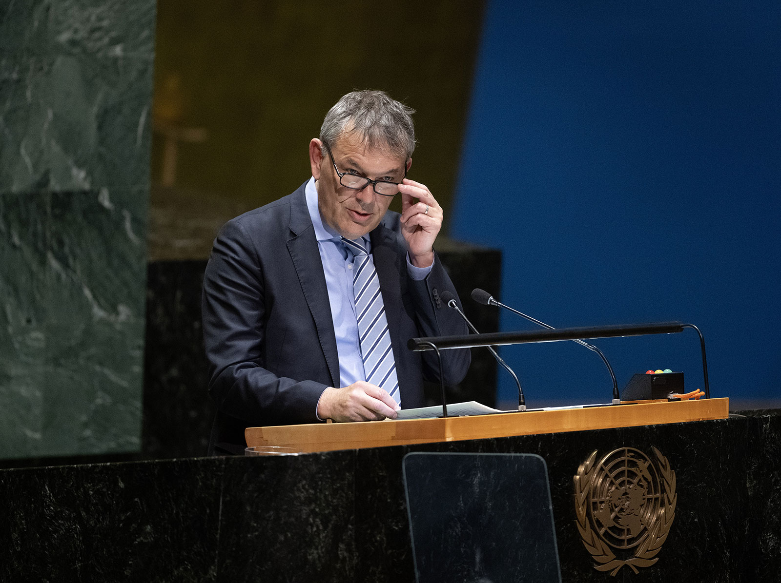 Commissioner-General of the United Nations Relief and Works Agency for Palestine Refugees in the Near East Philippe Lazzarini speaks at the UN General Assembly in New York, on Monday, March 4. 