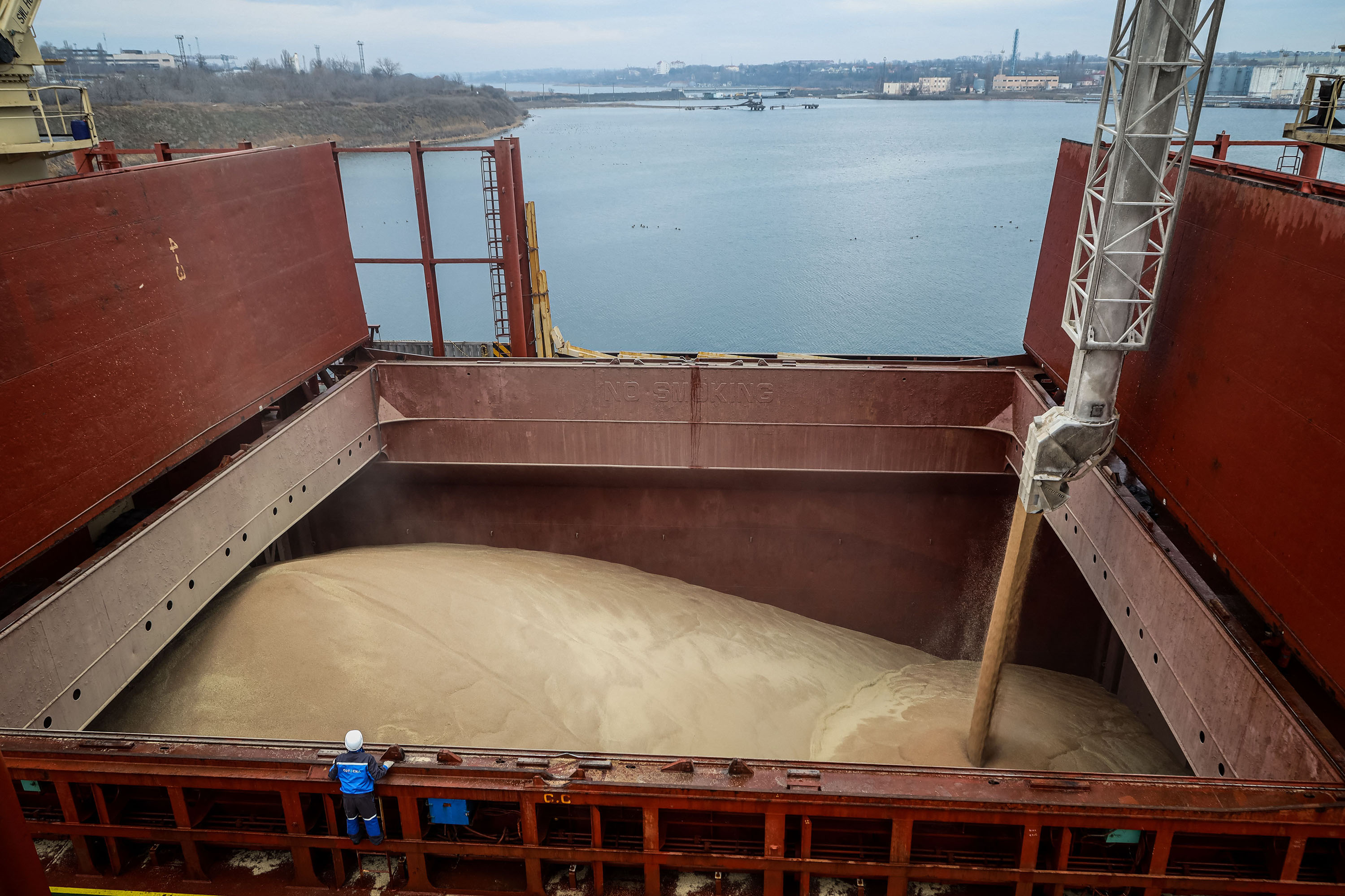 The hold on the UN-chartered vessel MV Valsamitis is loaded to deliver Ukrainian wheat to Kenya and Ethiopia, at the Black Sea port of Chornomorsk, Ukraine, on February 18. 