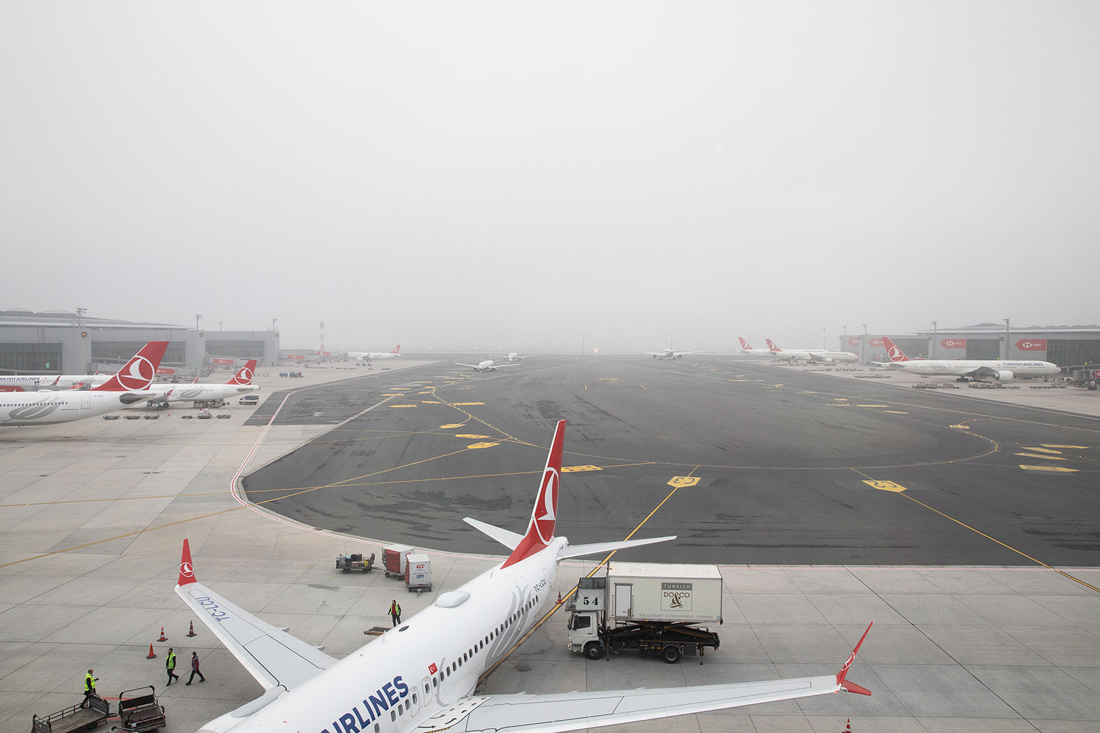 Turkish Airlines planes are parked at the Istanbul Airport on November 8.