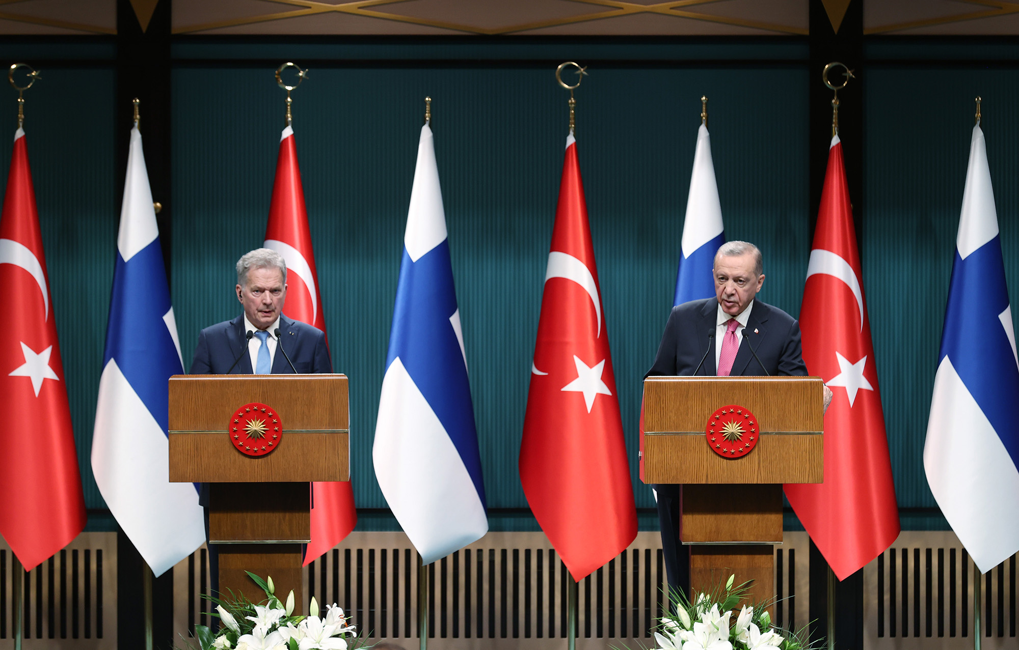Turkish President Recep Tayyip Erdogan, right, and Finnish President Sauli Niinisto hold a joint news conference at Presidential Complex in Ankara, Turkey, on March 17.