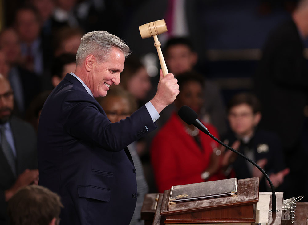McCarthy celebrates with the gavel after being elected.