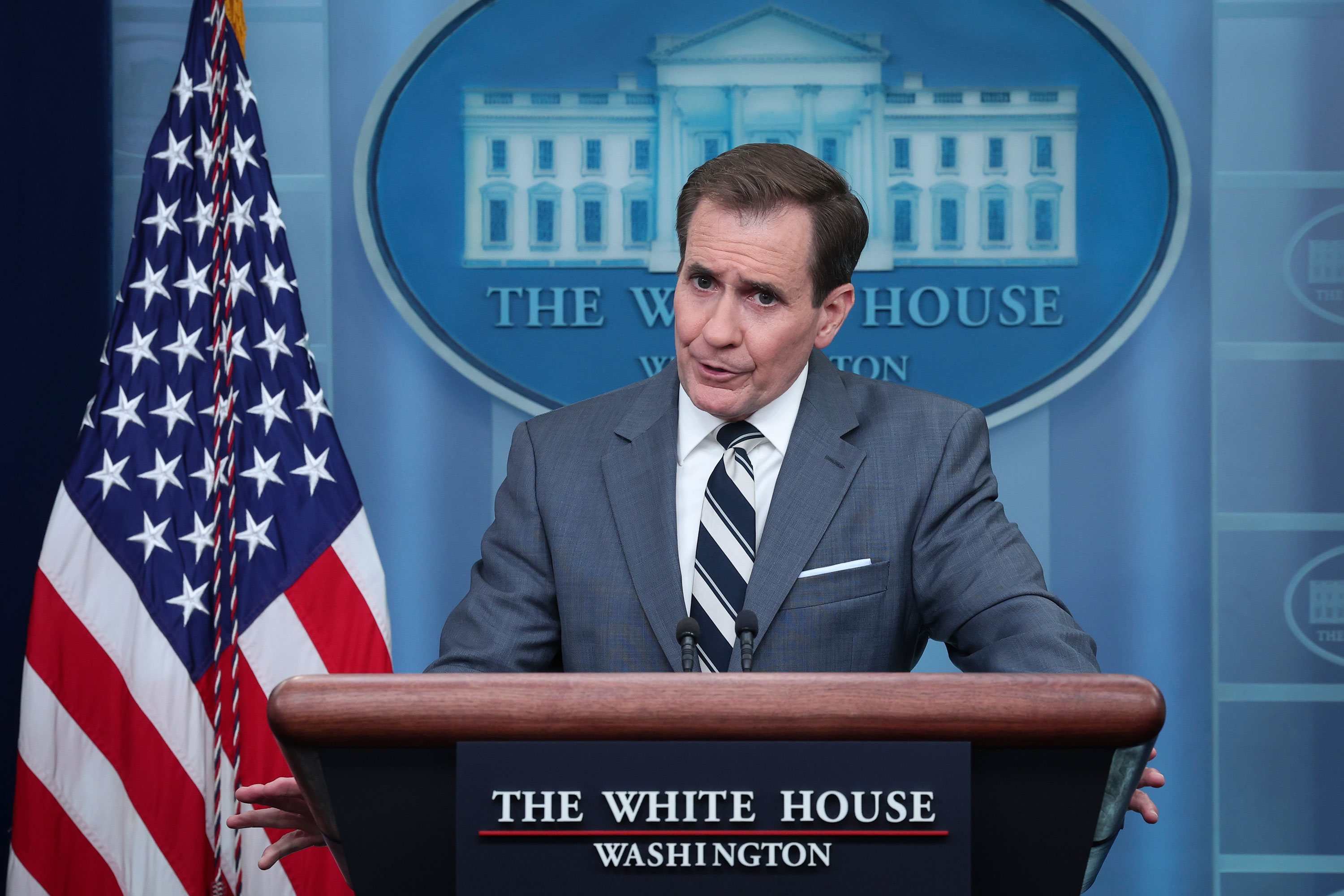 National Security Council strategic communications coordinator John Kirby answers questions during the daily press briefing at the White House on March 2 in Washington, DC.