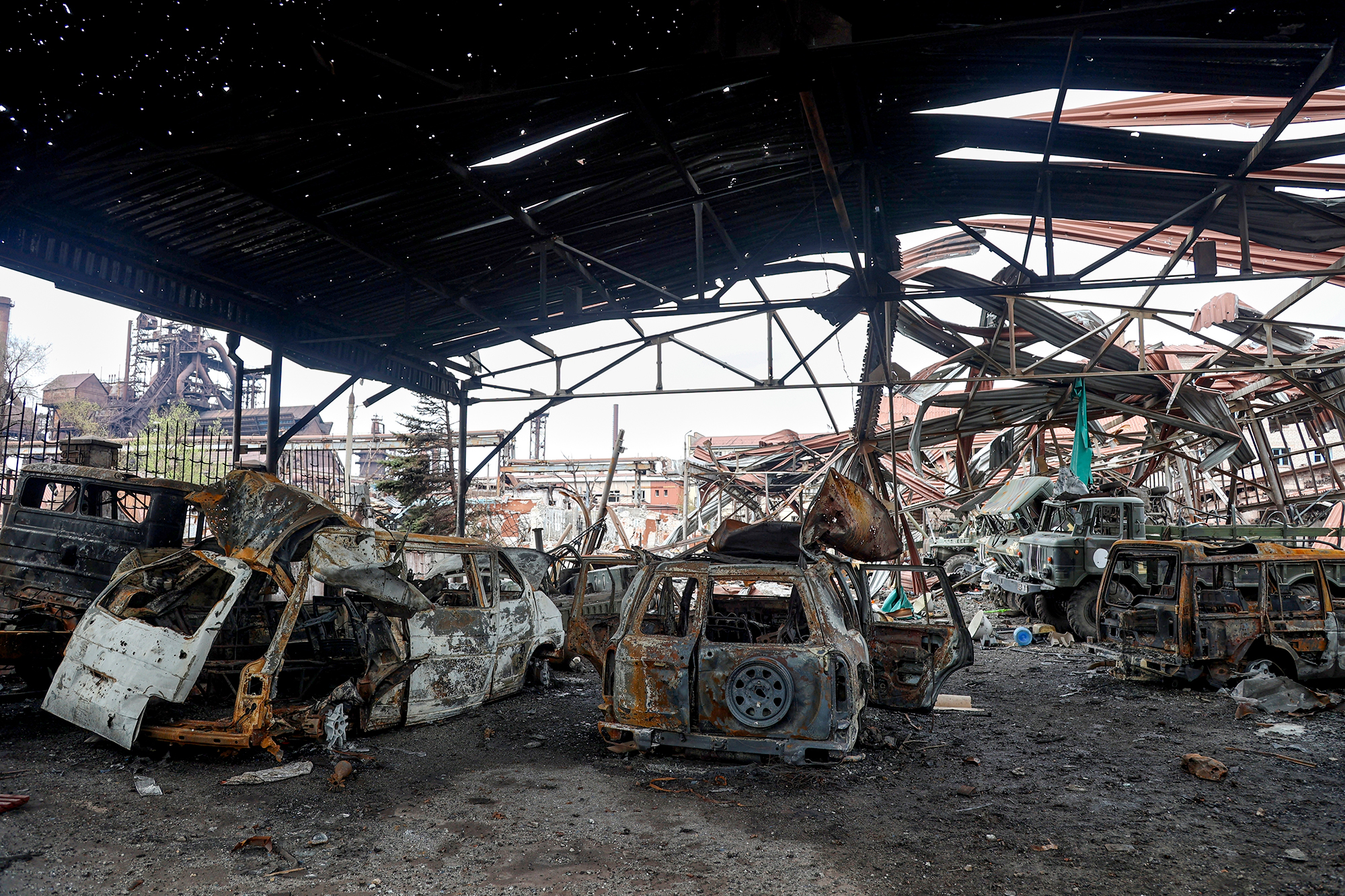 The gutted remains of vehicles are seen at the Illich Iron & Steel Works Metallurgical Plant in Mariupol, Ukraine on April 16.