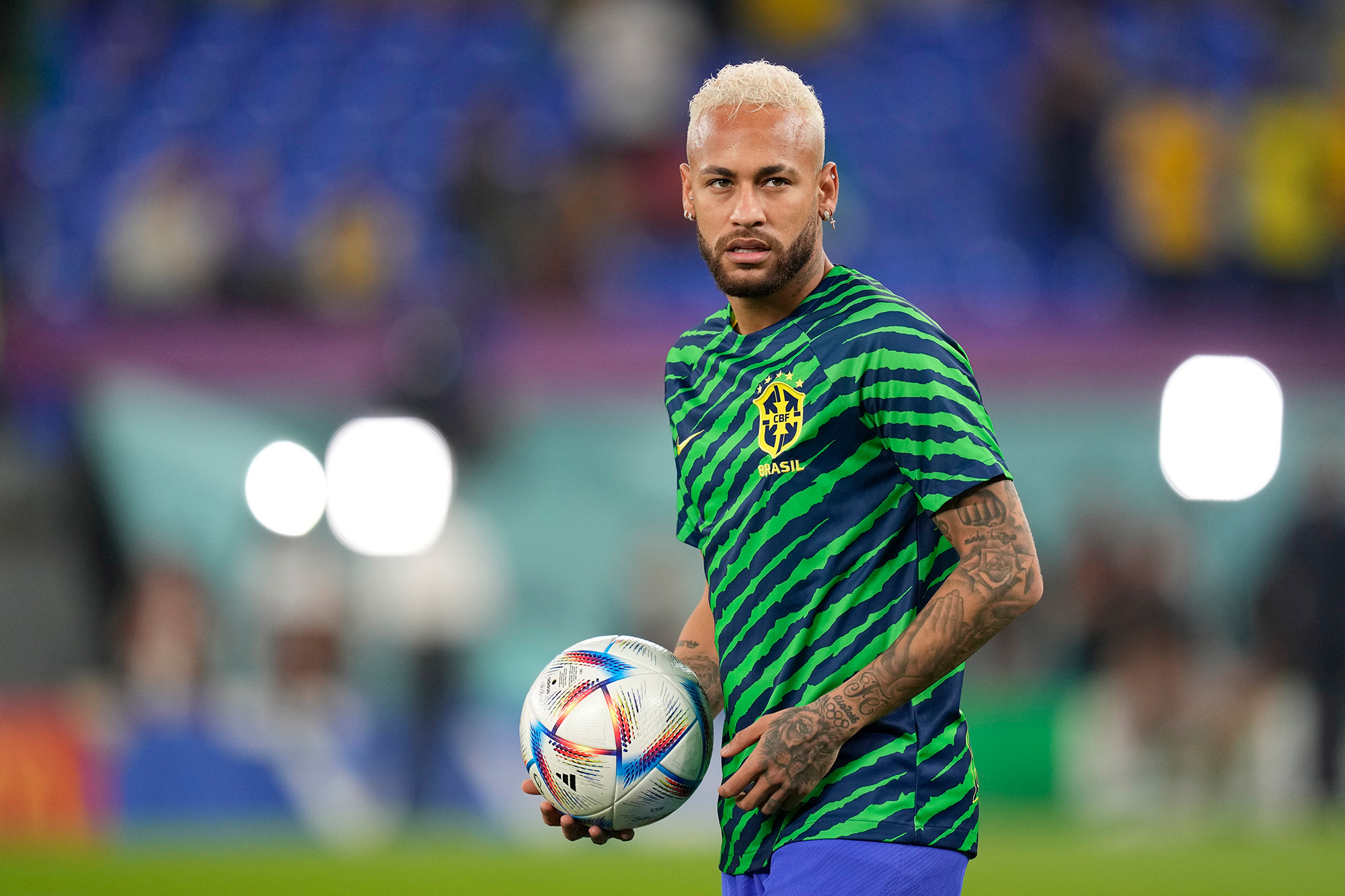 Neymar warms up prior to the World Cup match between Brazil and South Korea, at the Education City Stadium in Al Rayyan, Qatar, on December 5.