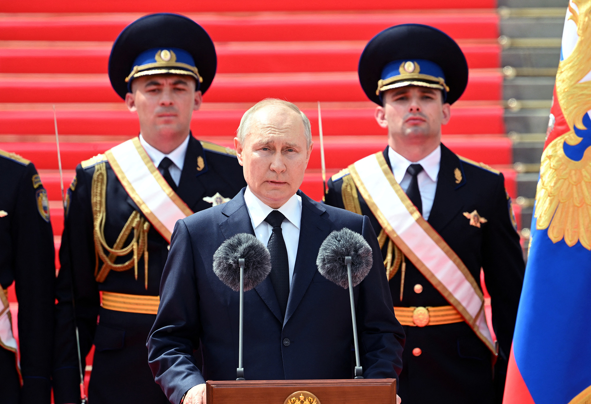 Russian President Vladimir Putin addresses members of Russian military units, the National Guard and security services in Cathedral Square at the Kremlin in Moscow, Russia, on June 27, 2023.