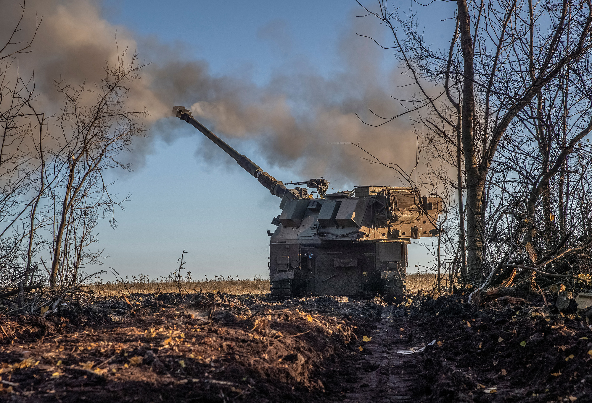 Ukrainian servicemen fire a Polish self-propelled howitzer Krab toward Russian positions on a frontline in the Donetsk region, Ukraine, on November 8.