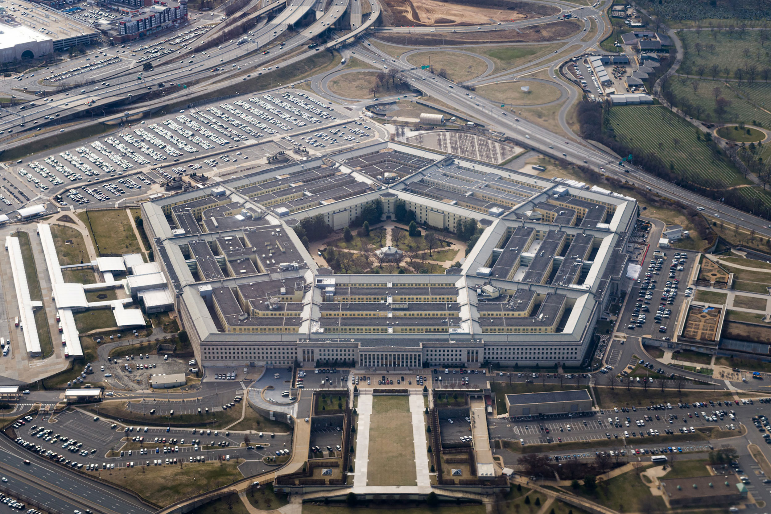 The Pentagon is seen from the air in Washington, DC on March 3, 2022, more than a week after Russia invaded Ukraine. 