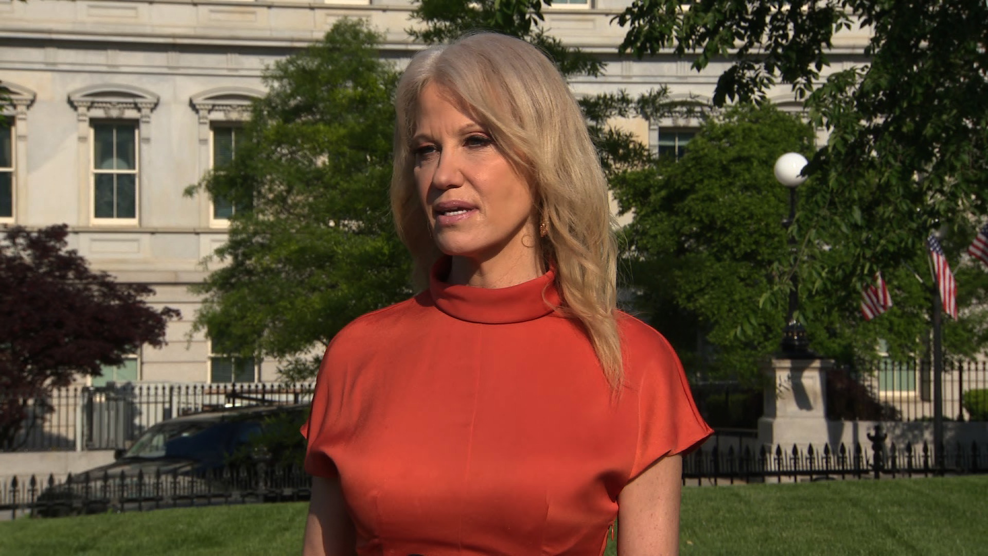 Trump adviser Kellyanne Conway speaks about what President Trump will discuss at an event in the Rose Garden on May 15 in Washington.  