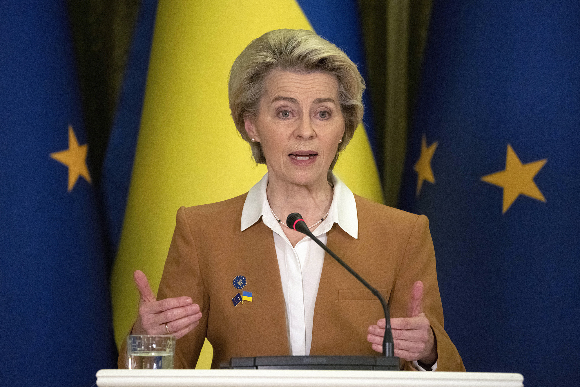 European Commission President Ursula von der Leyen attends the EU-Ukraine summit with Ukrainian President Volodymyr Zelensky in Kyiv, Ukraine, on February 2.