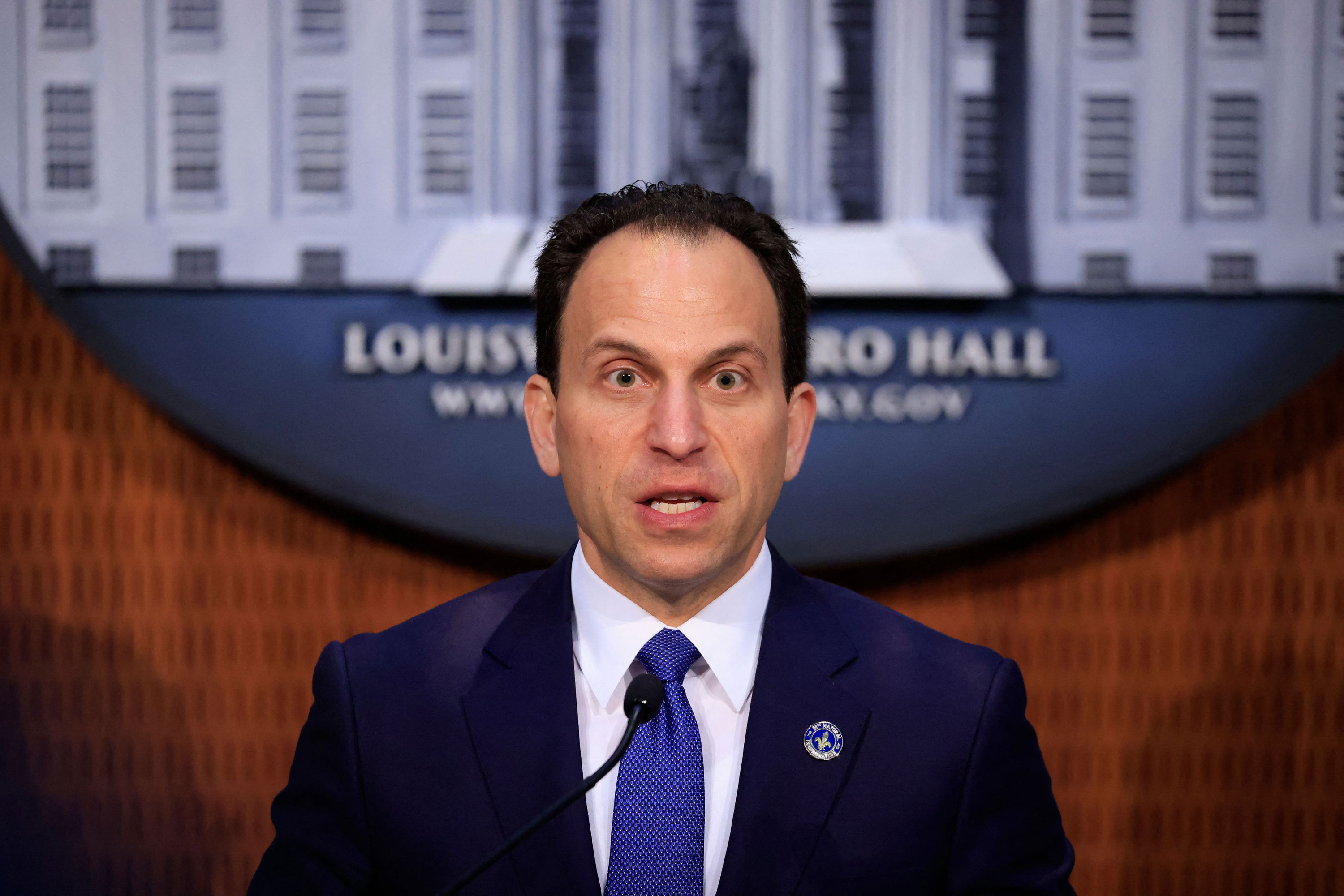 Louisville Mayor Craig Greenberg speaks during a press conference on the Justice Department's findings of the civil rights investigation into the Louisville Metro Police Department and Louisville Metro Government on March 8 in Louisville, Kentucky. 
