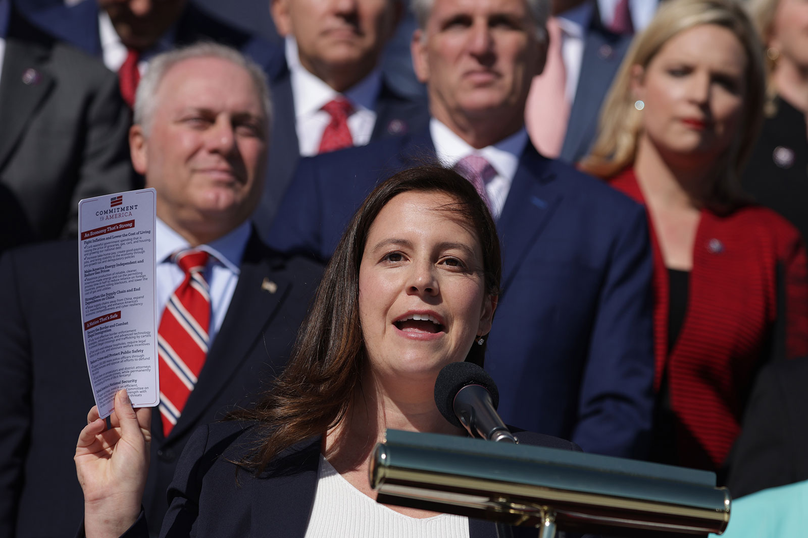 Rep. Elise Stefanik speaks during a news conference outside of the US Capitol on September 29. 