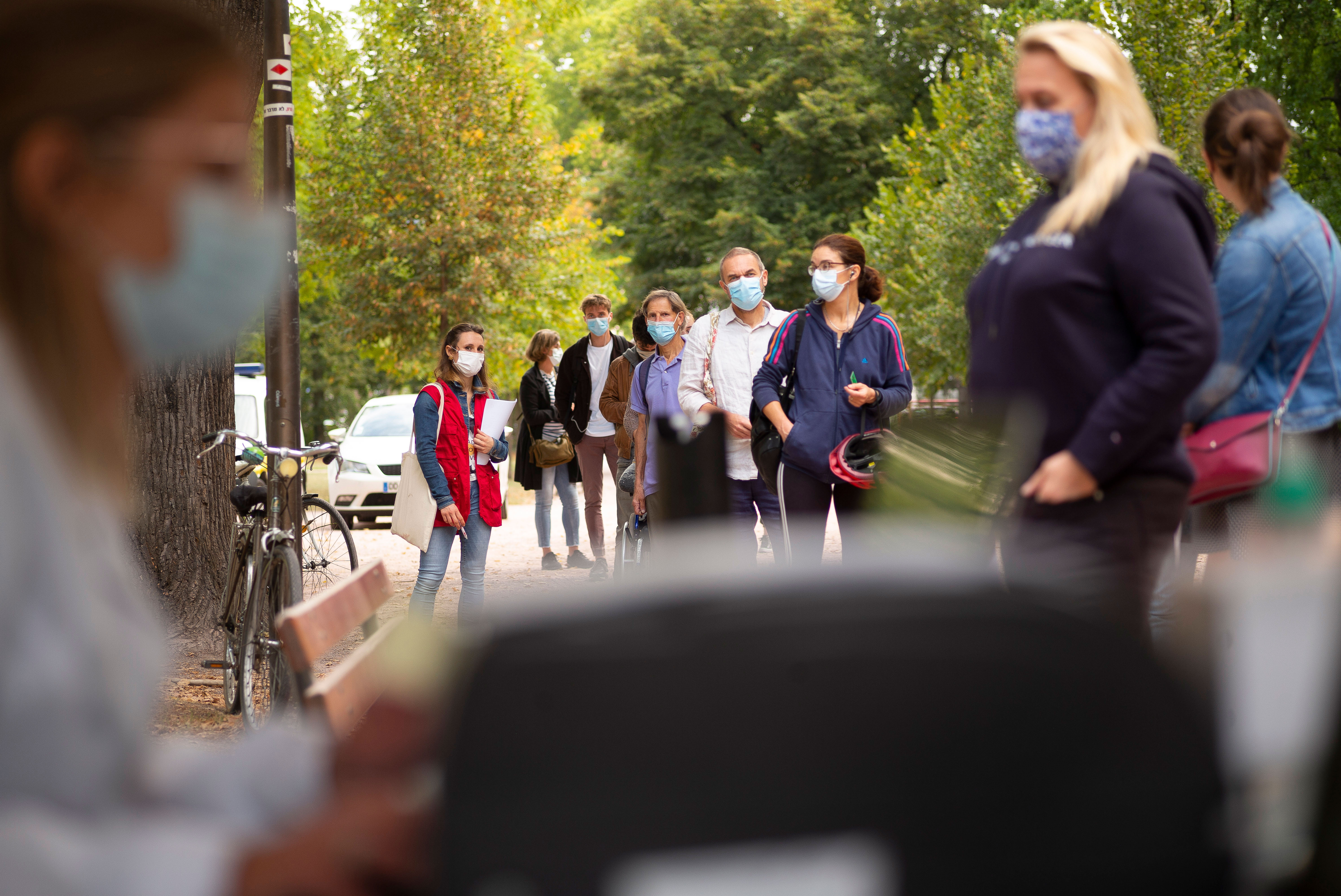 People line up at a mobile Covid-19 testing center in Strasbourg, France, on September 23.