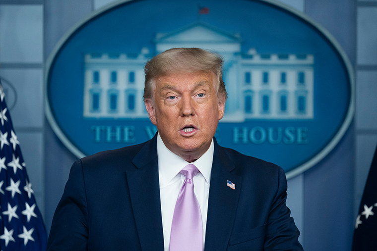 President Donald Trump speaks at a news conference in the James Brady Press Briefing Room at the White House, Tuesday, Aug. 11, 2020, in Washington. 
