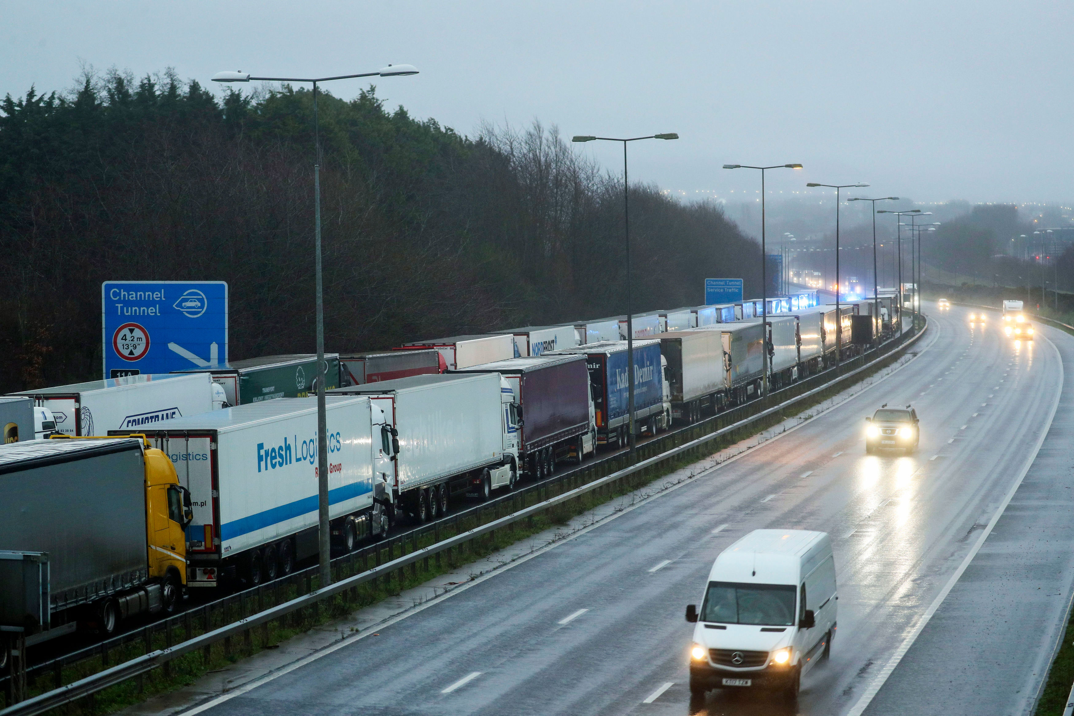Lorries are parked on the M20 near Folkestone in Kent, England, as part of Operation Stack on December 21.