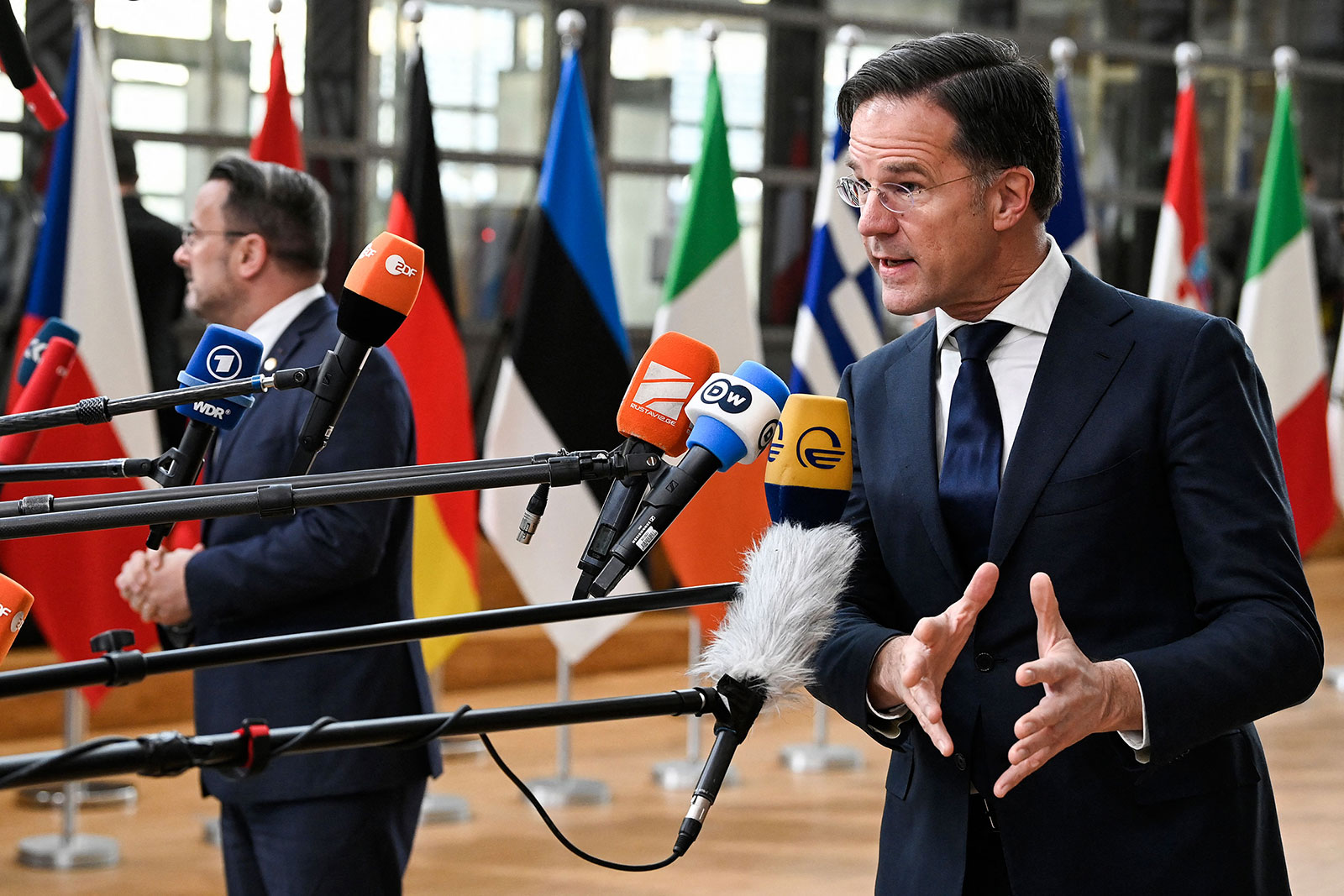 Dutch Prime Minister Mark Rutte speaks to the press at EU parliament in Brussels on February 9.