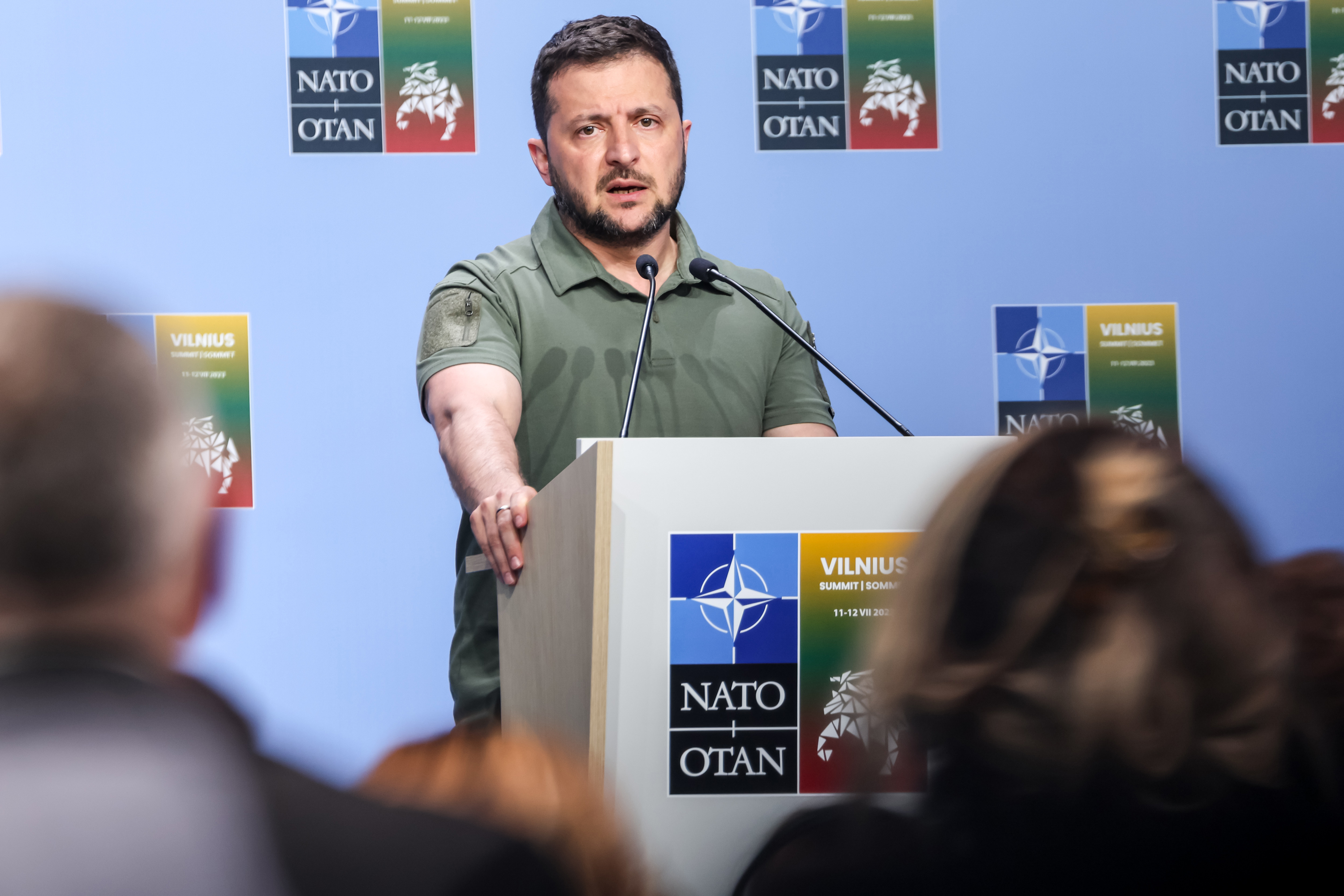 Volodymyr Zelensky addresses journalists during the final national press conference during the high level NATO summit in Vilnius, Lithuania on Tuesday.