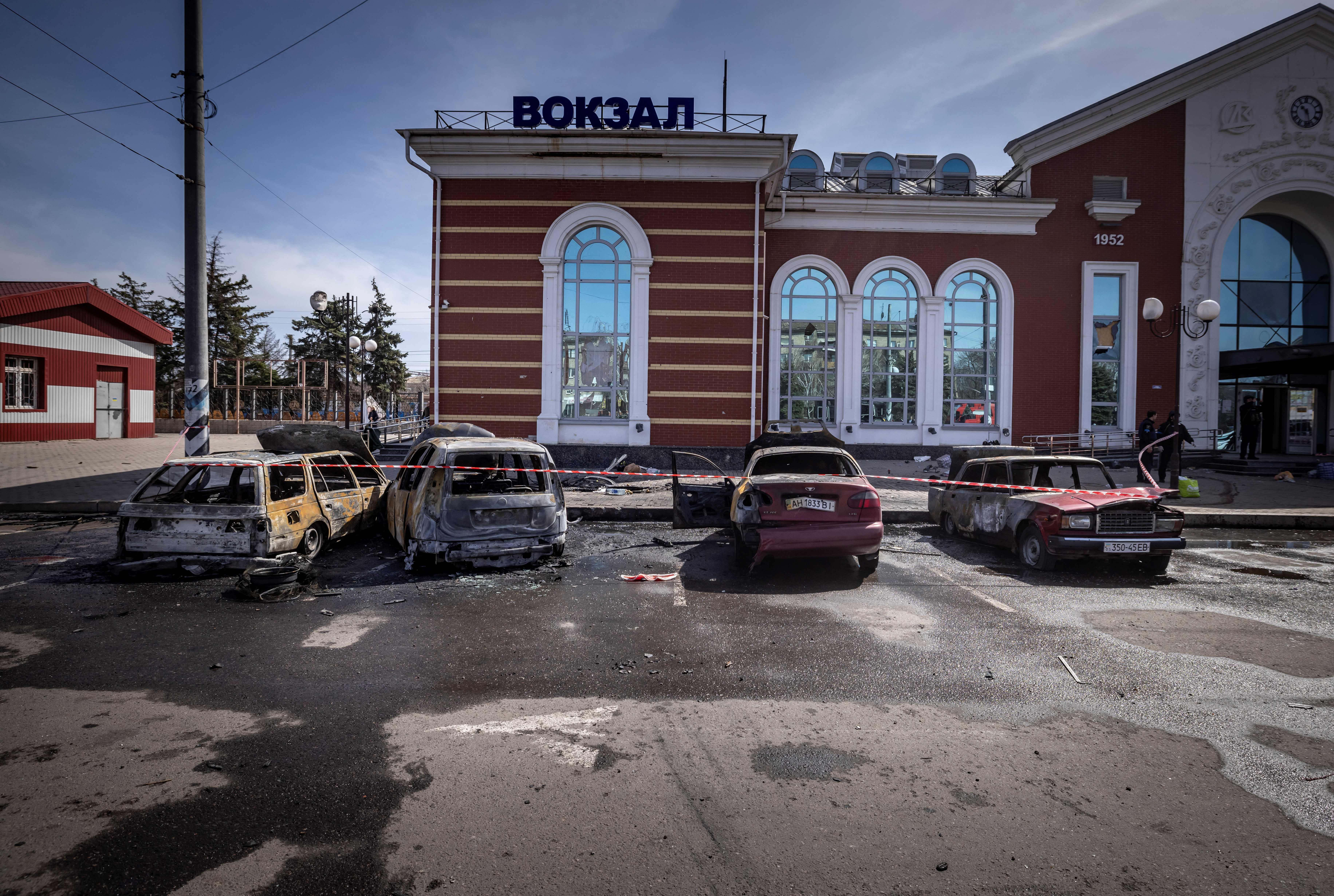 Calcinated cars are pictured outside a train station in Kramatorsk, Ukraine, after it was hit by a rocket attack on April 8.