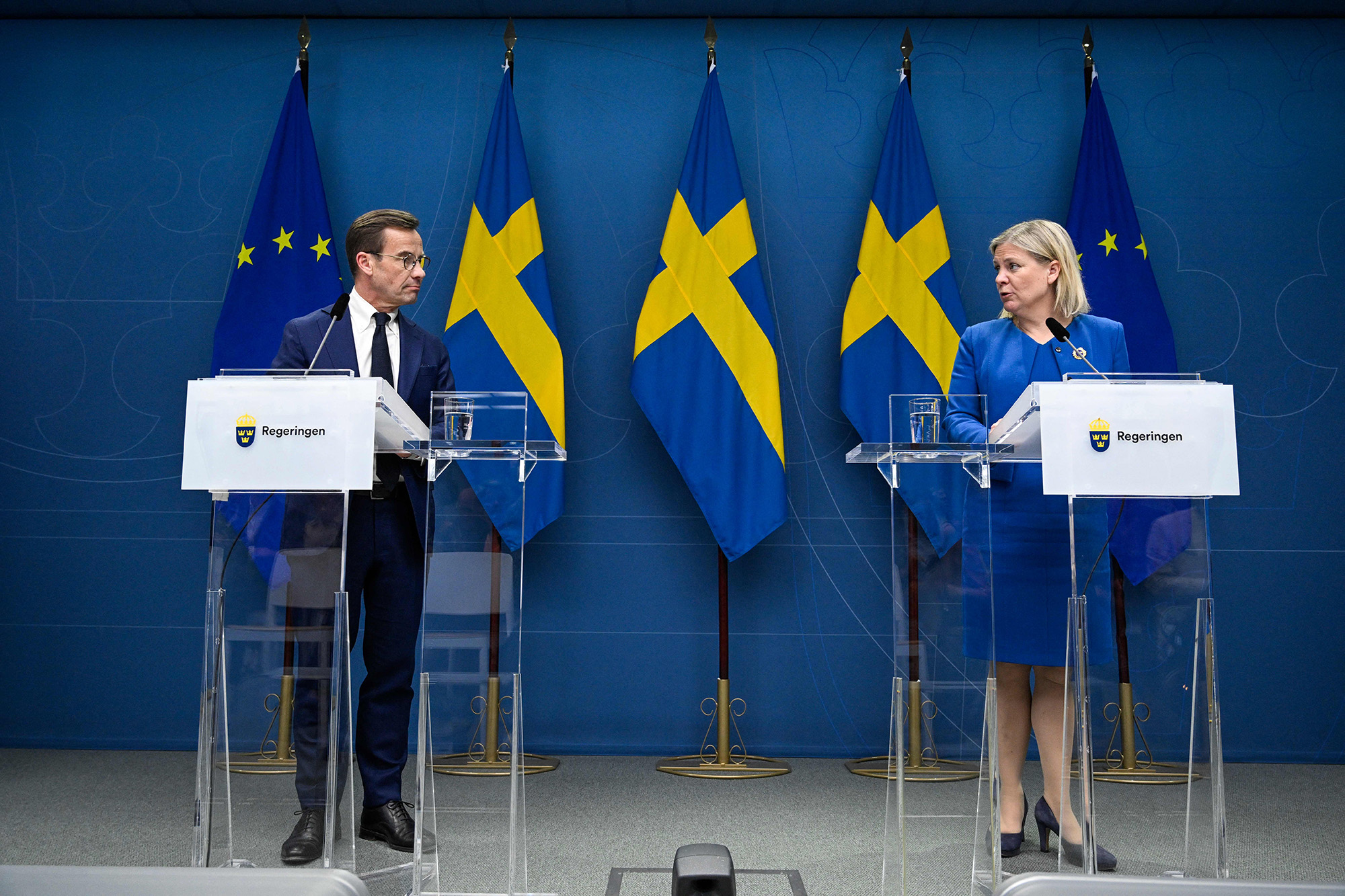 Sweden's Prime Minister Magdalena Andersson, right, and the Moderate Party's leader Ulf Kristersson address a news conference in Stockholm, Sweden, on May 16.