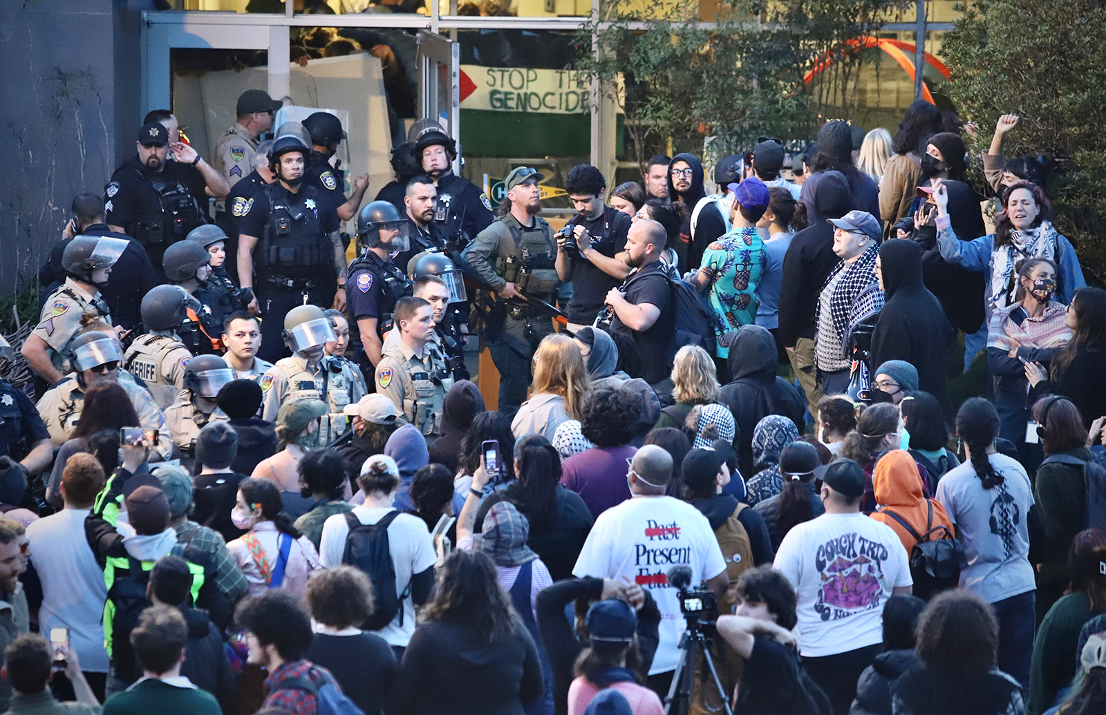 Pro-Palestinian protesters stand off with police on the campus of California State Polytechnic University, Humboldt, in Arcata, California, on April 22.