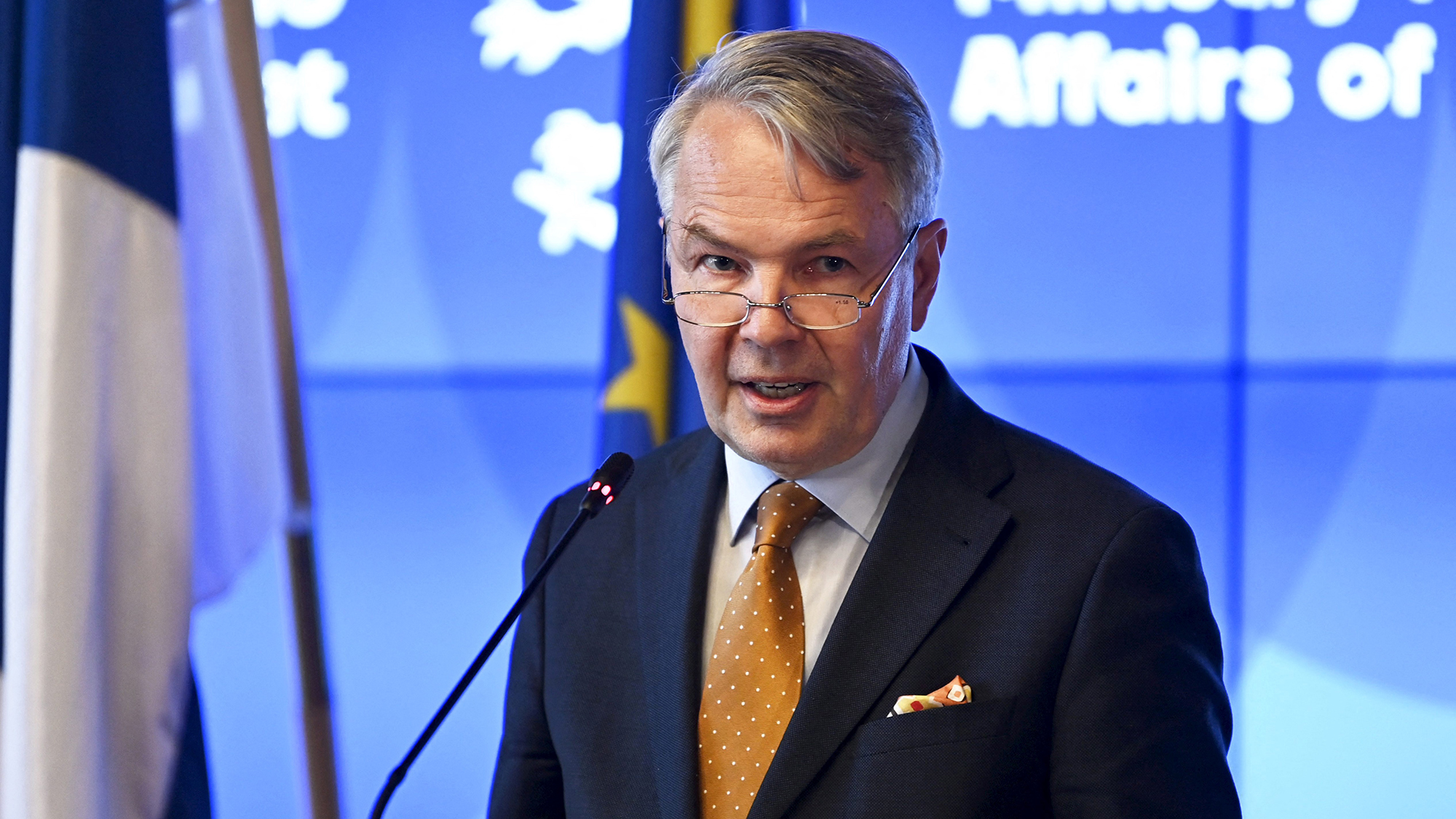 Finnish Foreign Minister Pekka Haavisto speaks during a press conference in Helsinki, Finland, on July 1. 