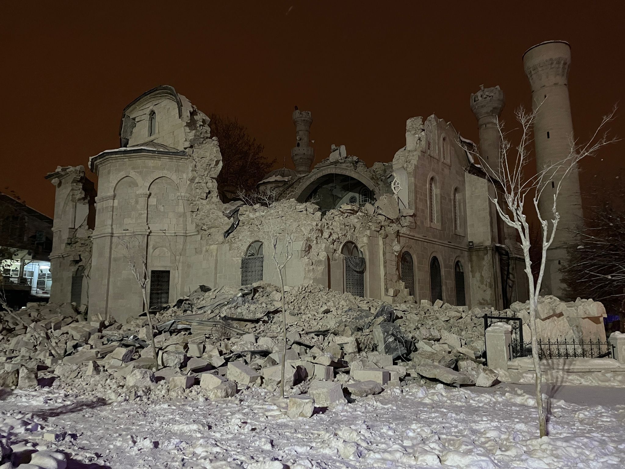 Partially damaged historical Yeni Mosque after the earthquake on February 6, in Malatya, Turkey.