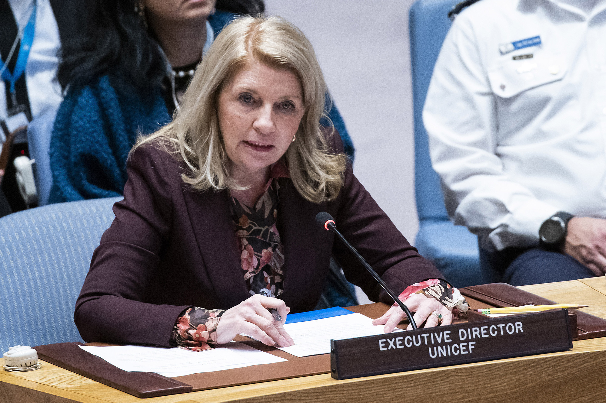 Executive Director of UNICEF Catherine Russell addresses members of the U.N. Security Council at United Nations headquarters in New York on October 30.
