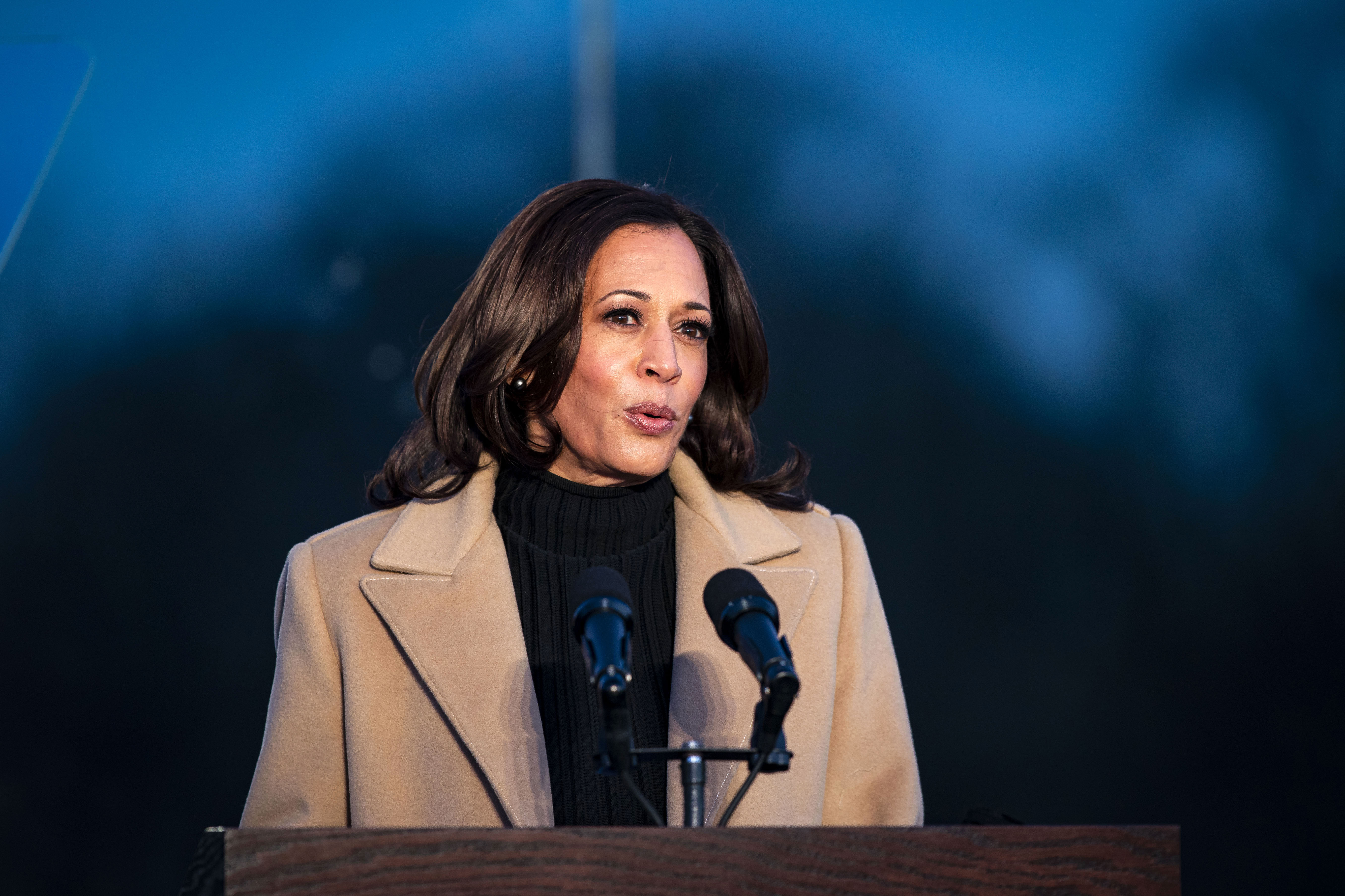 U.S. Vice President-elect Kamala Harris speaks at a Covid-19 memorial in Washington, D.C., on January 19. The memorial paid tribute to Americans who have died because of the pandemic.