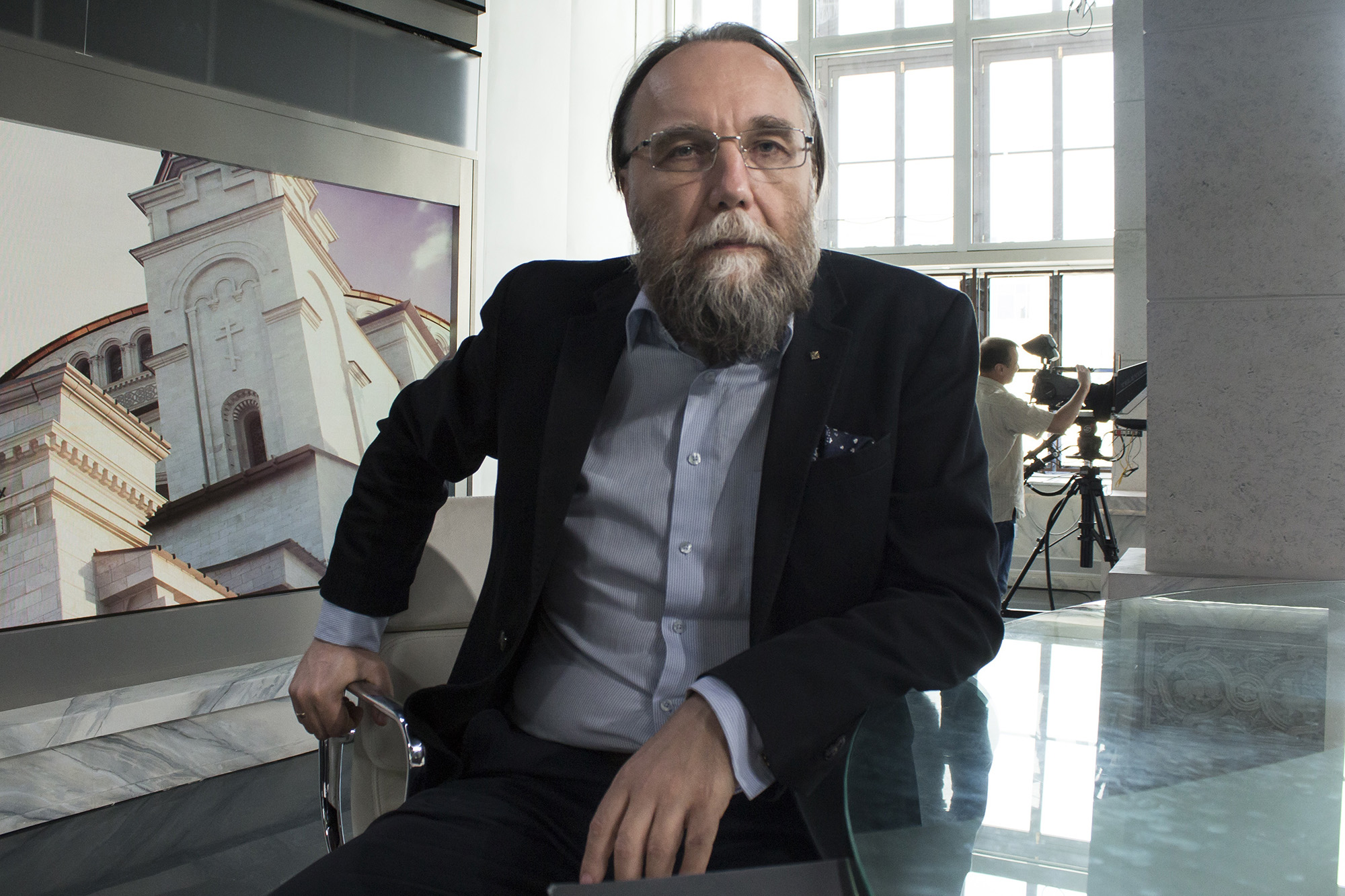 Alexander Dugin is seen in his TV studio in central Moscow on August 11, 2016.