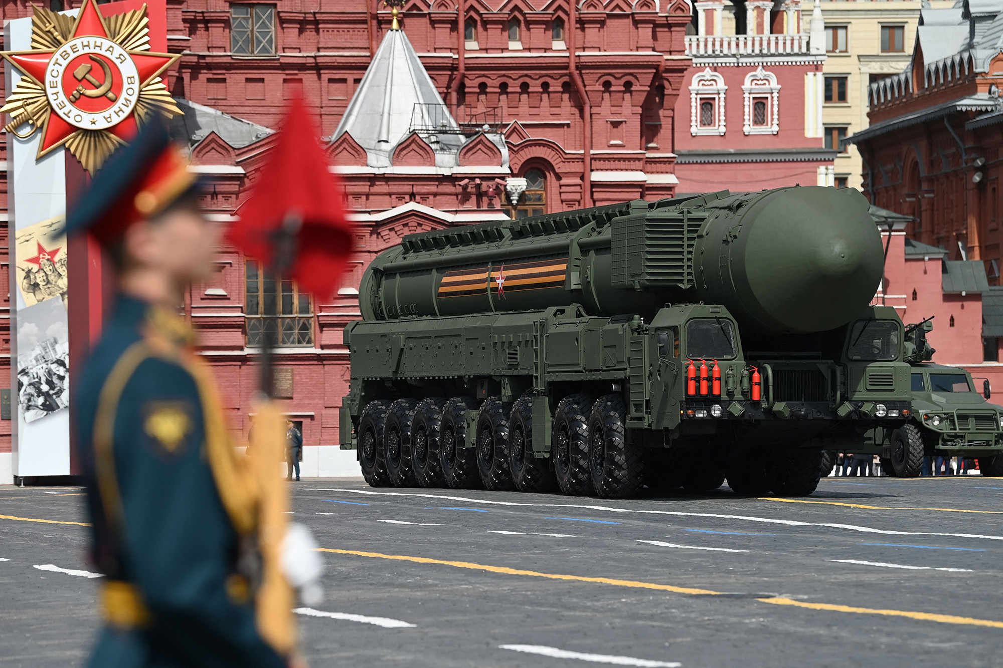 A Russian Yars intercontinental ballistic missile launcher parades through Red Square during the general rehearsal of the Victory Day military parade in central Moscow, Russia, on May 7.