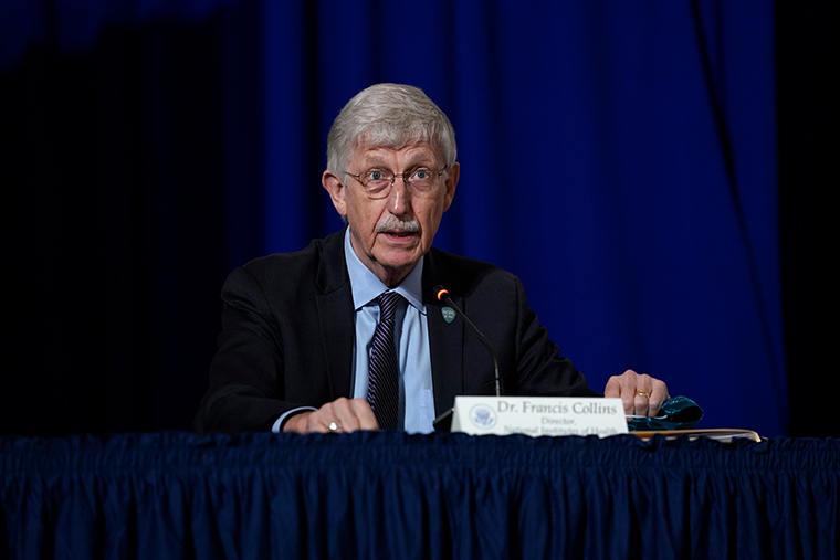 National Institutes of Health Director Dr. Francis Collins speaks during a roundtable at the American Red Cross national headquarters on Thursday, July 30, 2020, in Washington. 