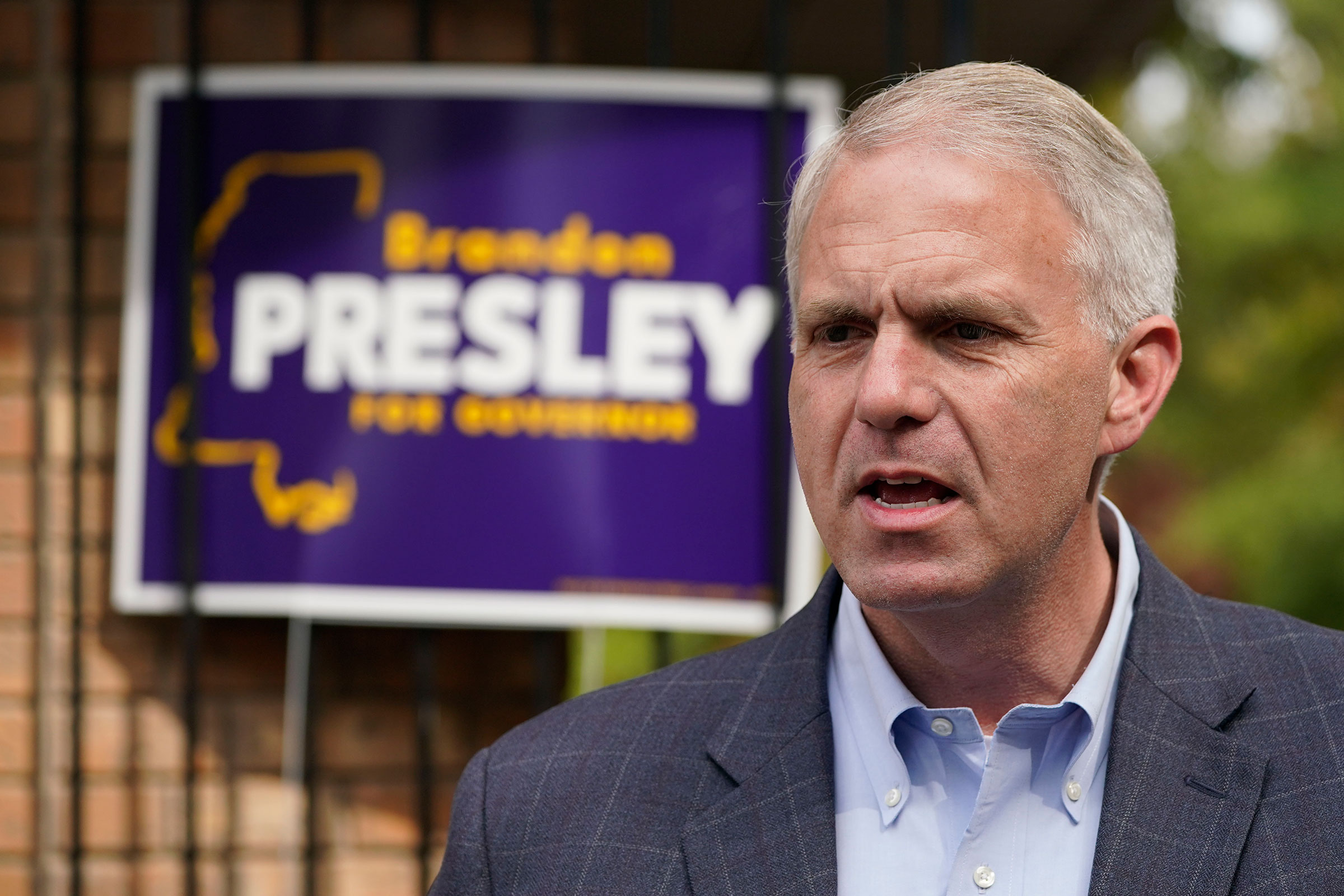 Mississippi Democratic nominee for governor Brandon Presley speaks to reporters on Monday in Jackson, Mississippi.