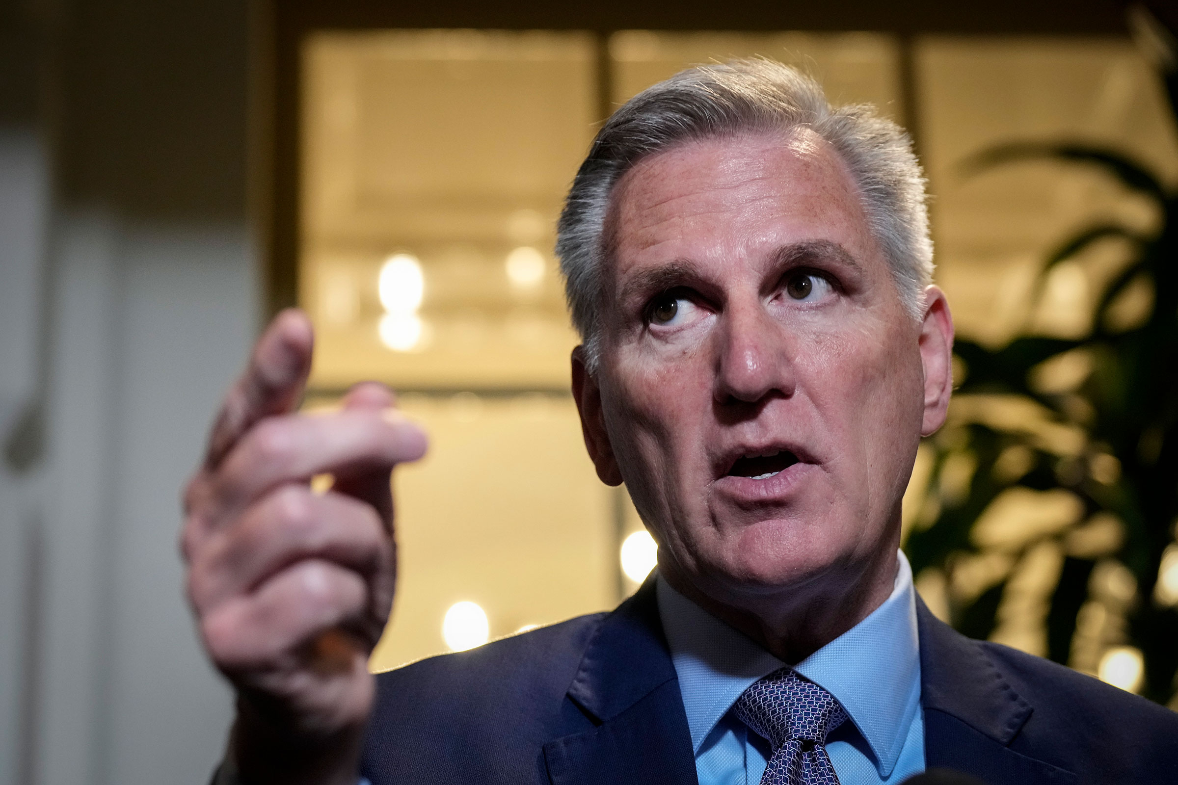 Speaker of the House Kevin McCarthy addresses reporters after a House Republican caucus meeting at the Capitol on September 19, 2023 in Washington, DC. 