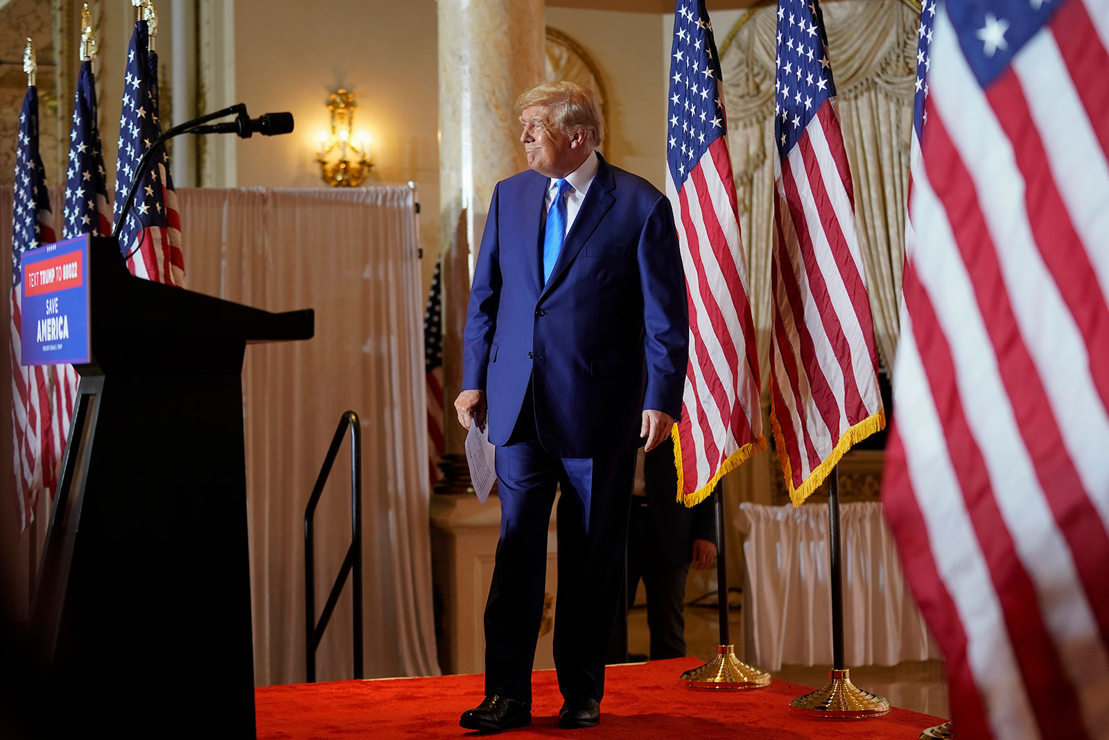 Former president Donald Trump arrives to speak at Mar-a-lago on November 8, in Palm Beach, Florida.