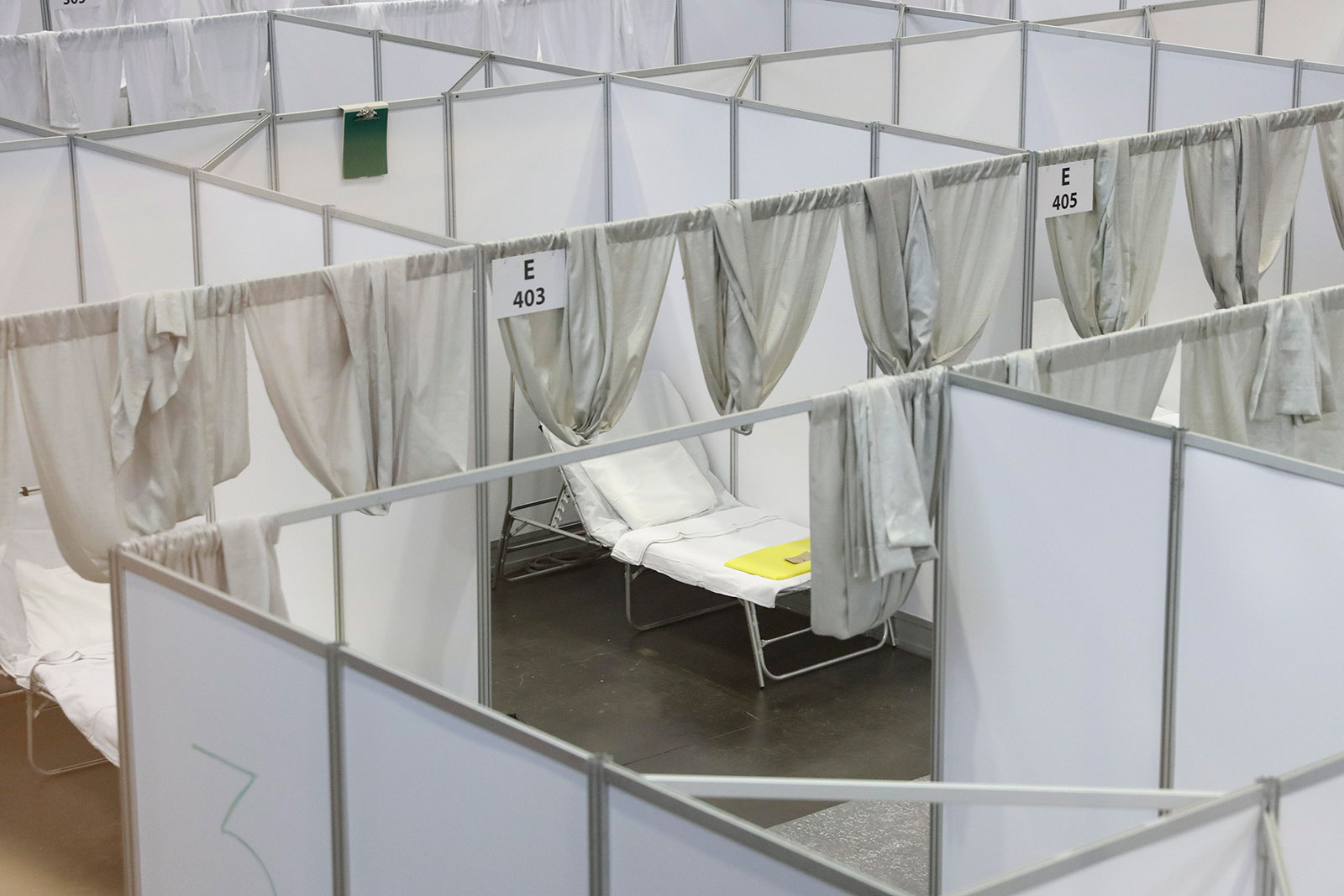 Temporary hospital rooms are set up inside the Javits Center in New York.