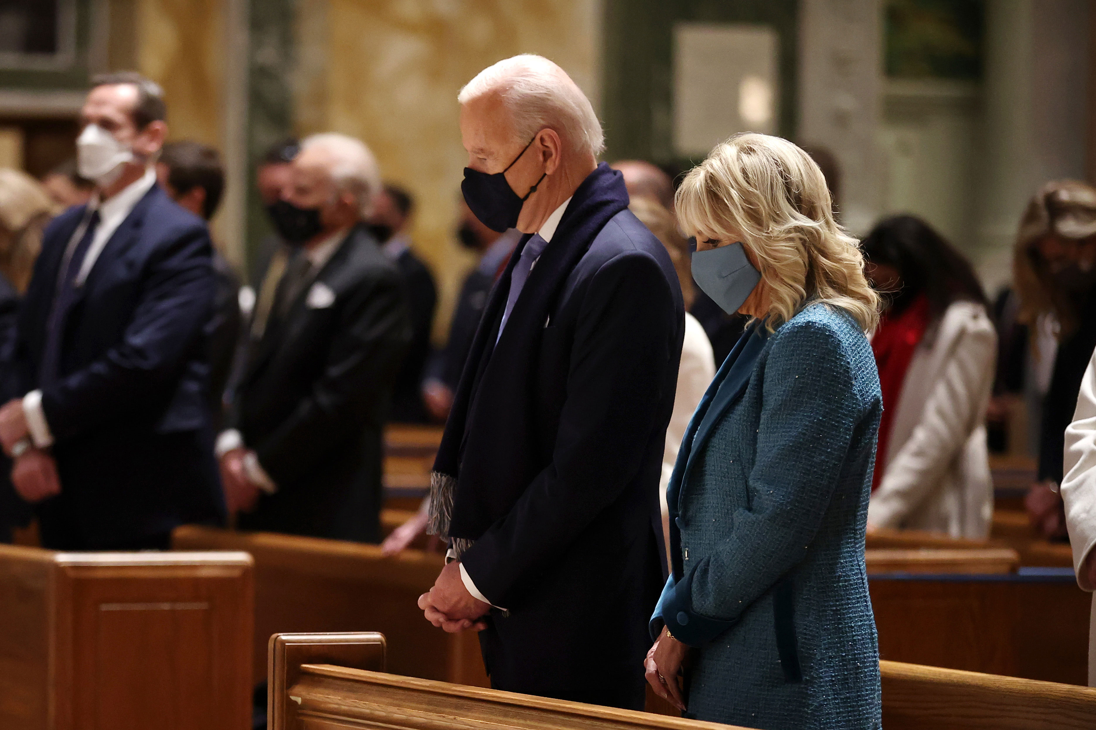 President-elect Joe Biden and Jill Biden attend mass at the Cathedral of St. Matthew the Apostle in Washington, DC, with congressional leaders on January 20.